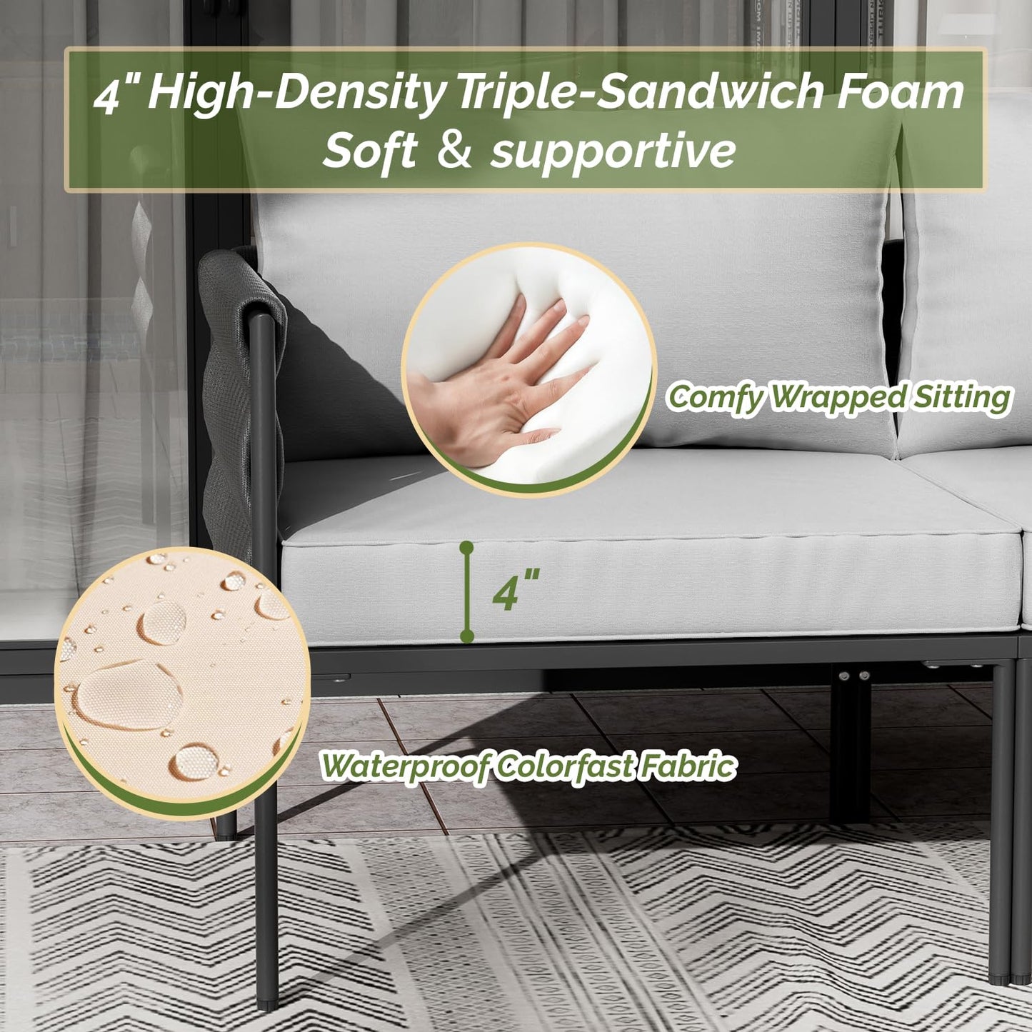 Aluminum 7-Piece Outdoor Patio Furniture Set, Conversation Sets with Comfortable Cushions, outdoor sectional and Tempered Glass Tables for Porch, Balcony, Poolside, Balcony & Courtyard (Gary)