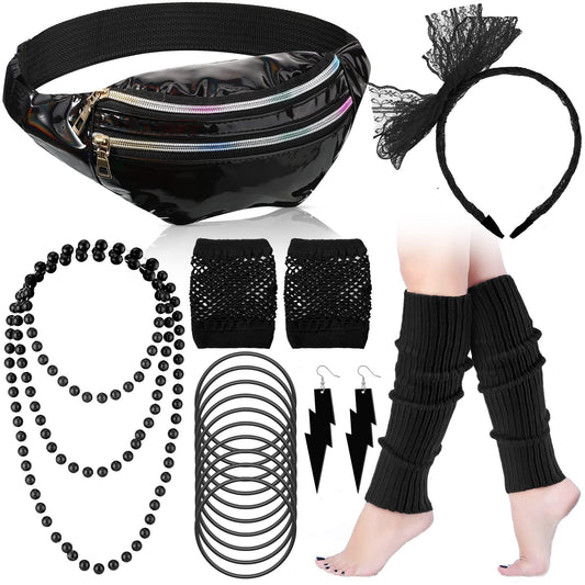 Handepo 19 Pcs 80s Costume Accessories Holographic Fanny Pack Leg Warmers Lace Headband Earrings Gloves Necklace Bracelet
