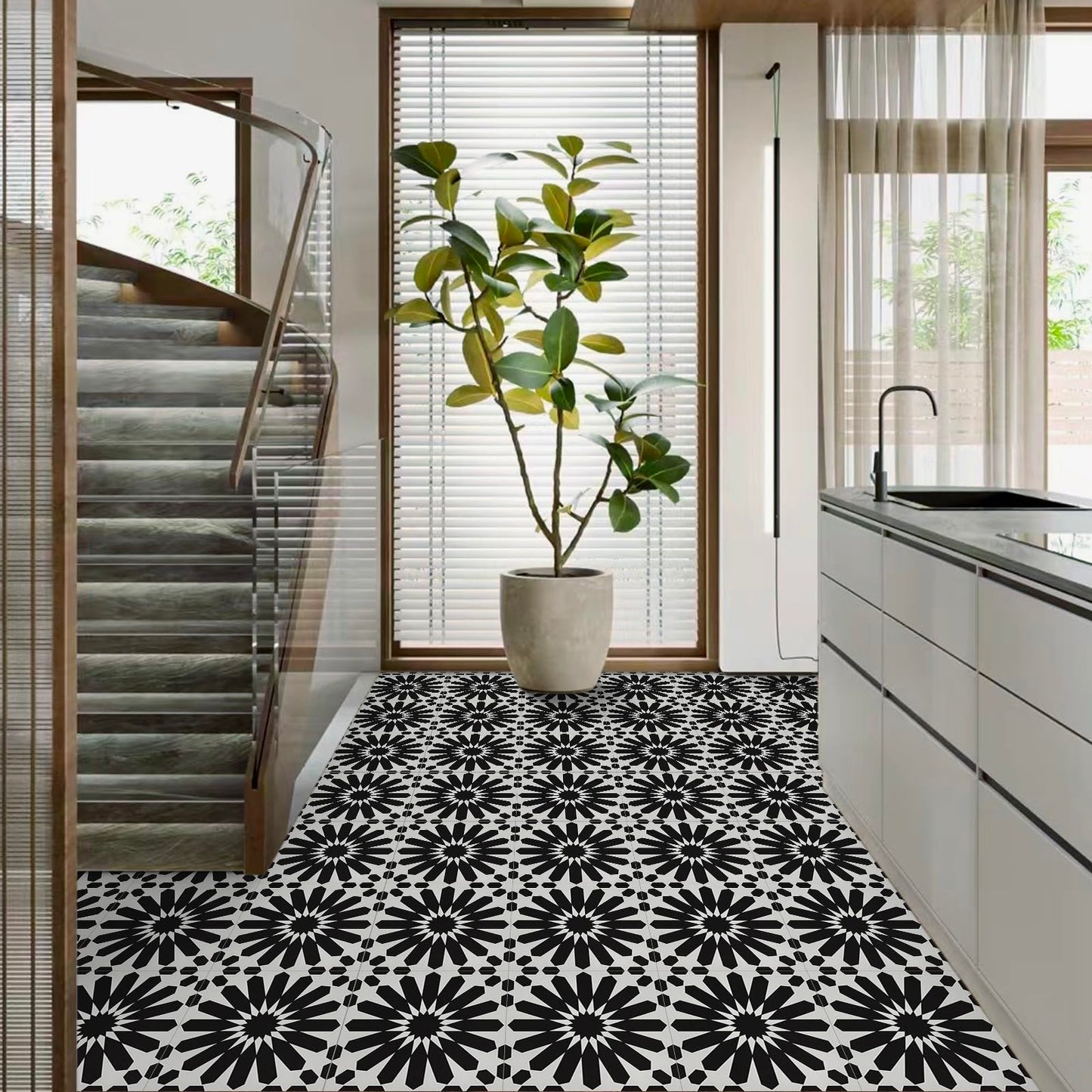 Elffloor Peel and Stick Floor Tile, Black and White Flower Waterproof Vinyl Flooring, 11.8 in×11.8 in, Peel and Stick Flooring for Bathroom, Kitchen, Bedroom, 10 Pcs