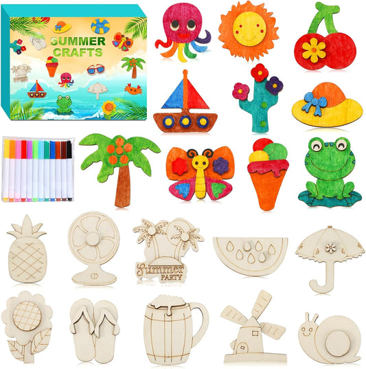 Worgree Summer Crafts for Kids, 36 Pcs DIY Wooden Magnets Art Craft Supplies Painting Kit for Boys Girls Ages 4-8 8-12 Birthday Party Gifts Summer Activities School Classroom Prizes