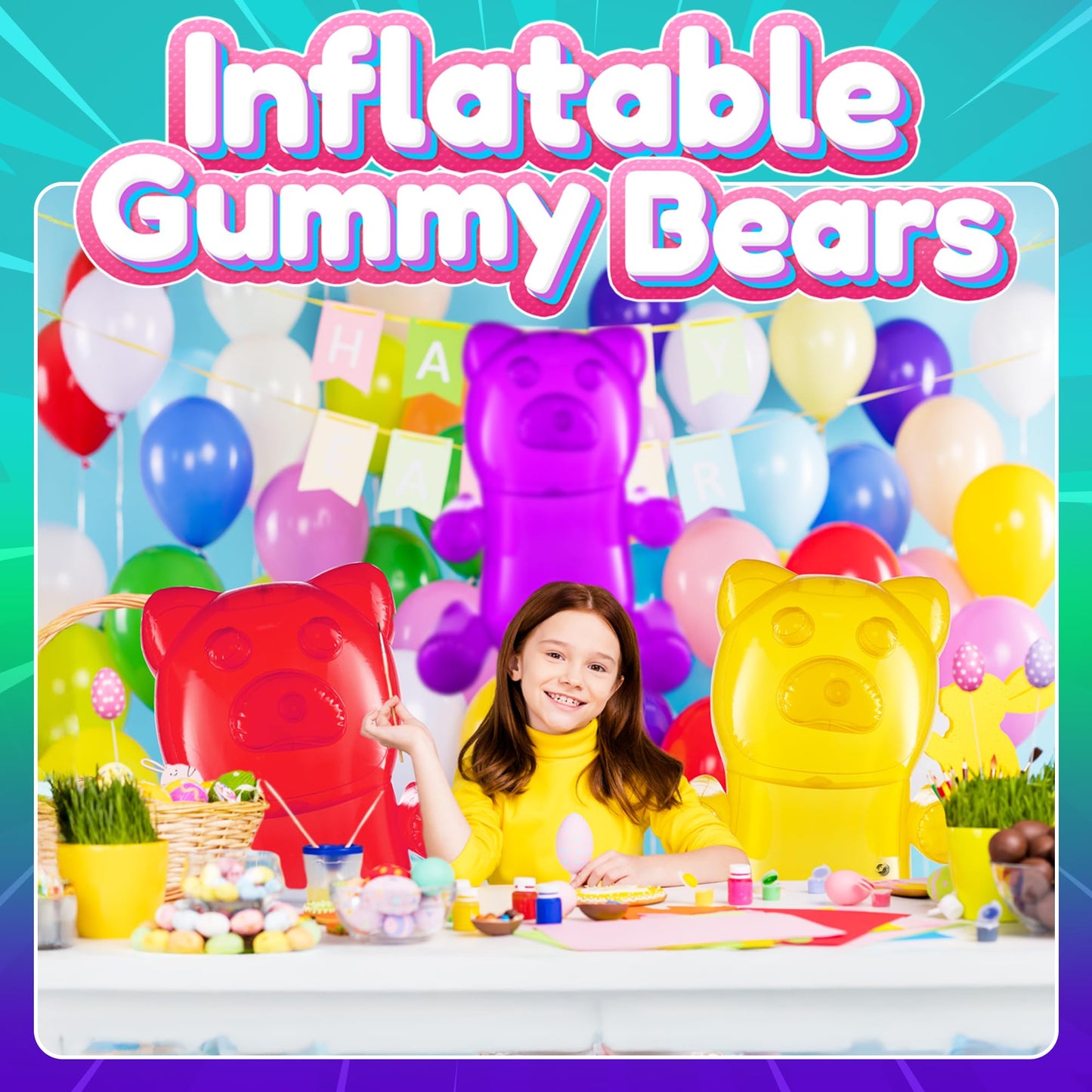 24" Inflatable Gummy Bears (Pack of 3) Big Huge Blow Up Gummy Bear Pool Toy Decorations, Birthday Party Supplies and Themed Candy Land Party Favors for Kids
