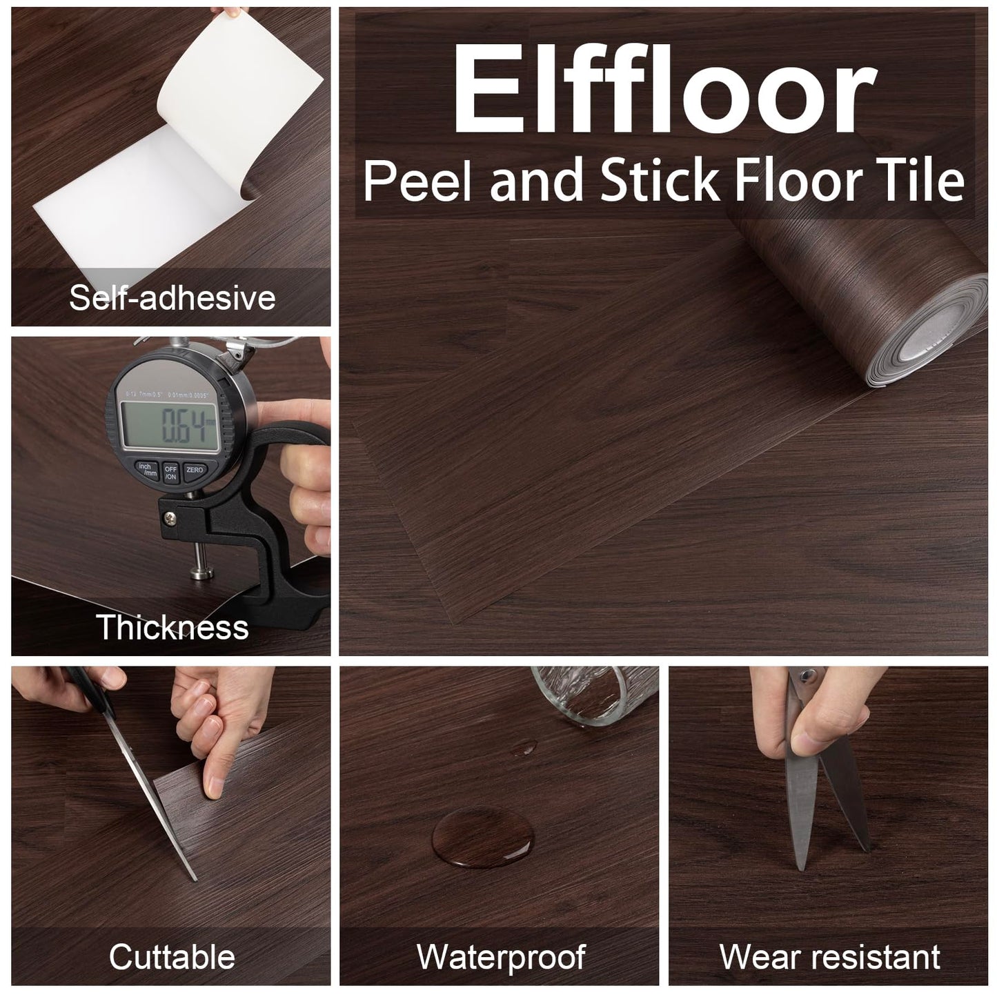 Elffloor Peel and Stick Flooring,Vinyl Flooring Waterproof,Wood Grain Look Self Adhesive Floor Stickers for Kitchen, Bathroom, Bedroom, 35.4in ×5.9in, 10 Pcs