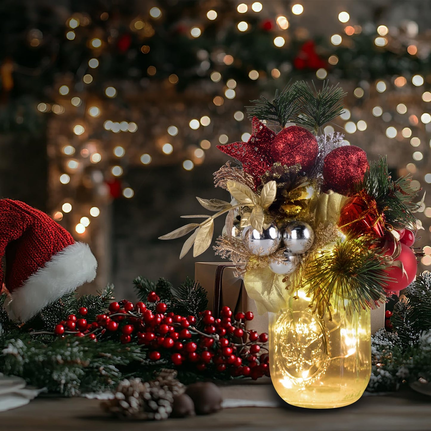 TqsMsp 2Pcs Christmas Mason Jar Wall Sconces, Handmade Rustic Wall Sconces with Remote Control Timer LED Fairy Lights and Red Berry Flowers, Hanging Mason Jar for Xmas Rustic Home Wall Decor (Gold)