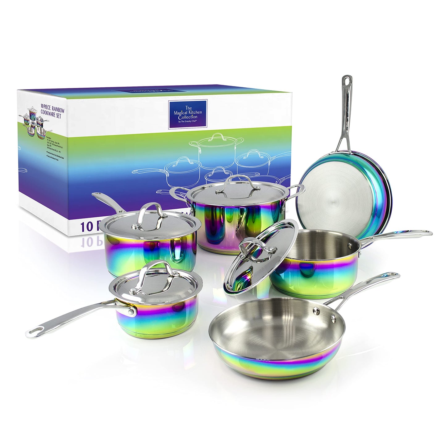 The Magical Kitchen Collection - Iridescent Rainbow Cookware Set - Premium Heavy Duty Stainless Steel and Titanium Pots & Pans Set - Rust Proof, Induction Stove & Oven-Safe (10 Piece)