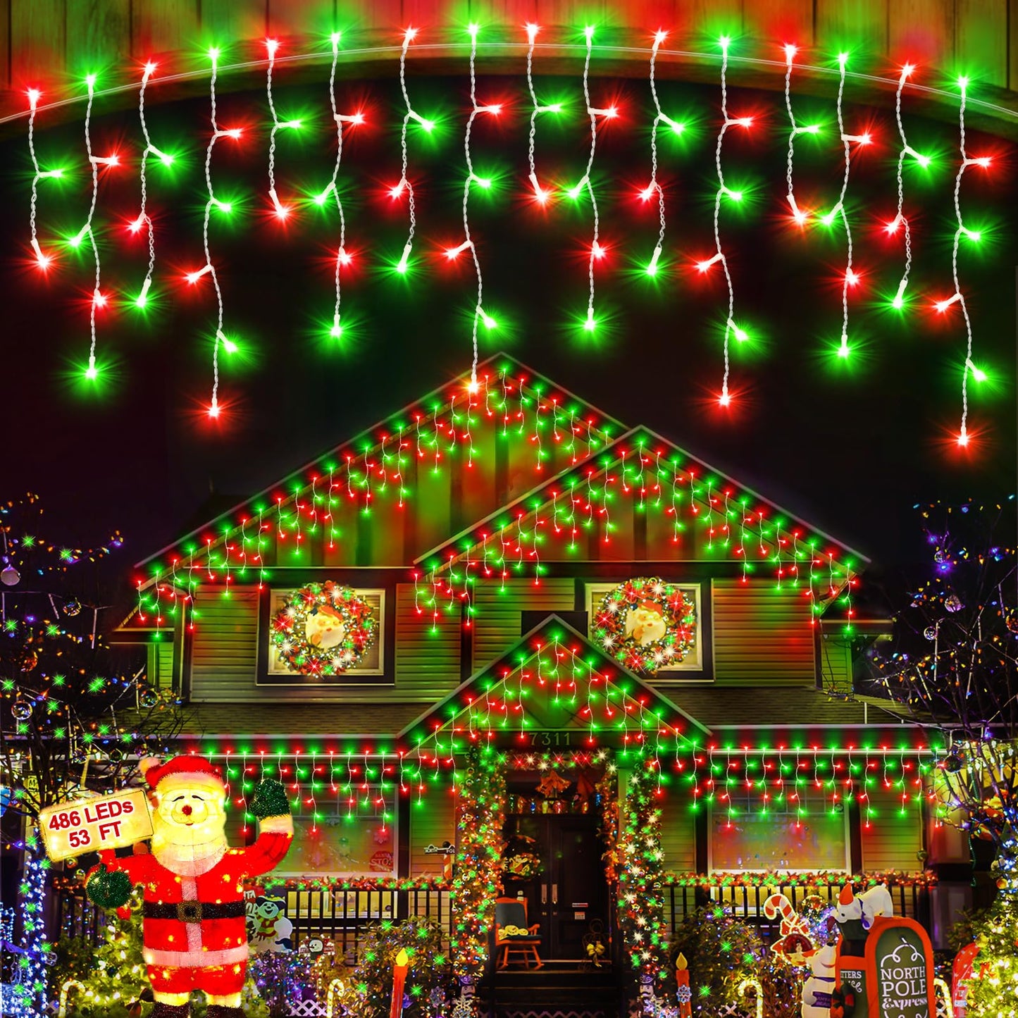 JIXXULVU Christmas Lights Outdoor, 53 FT 486 LED Christmas Lights for Outside, Timer & Memory, Plug in 8 Modes Hanging Fairy Light with 108 Drops for House Eaves Yard Patio Decorations, Red Green