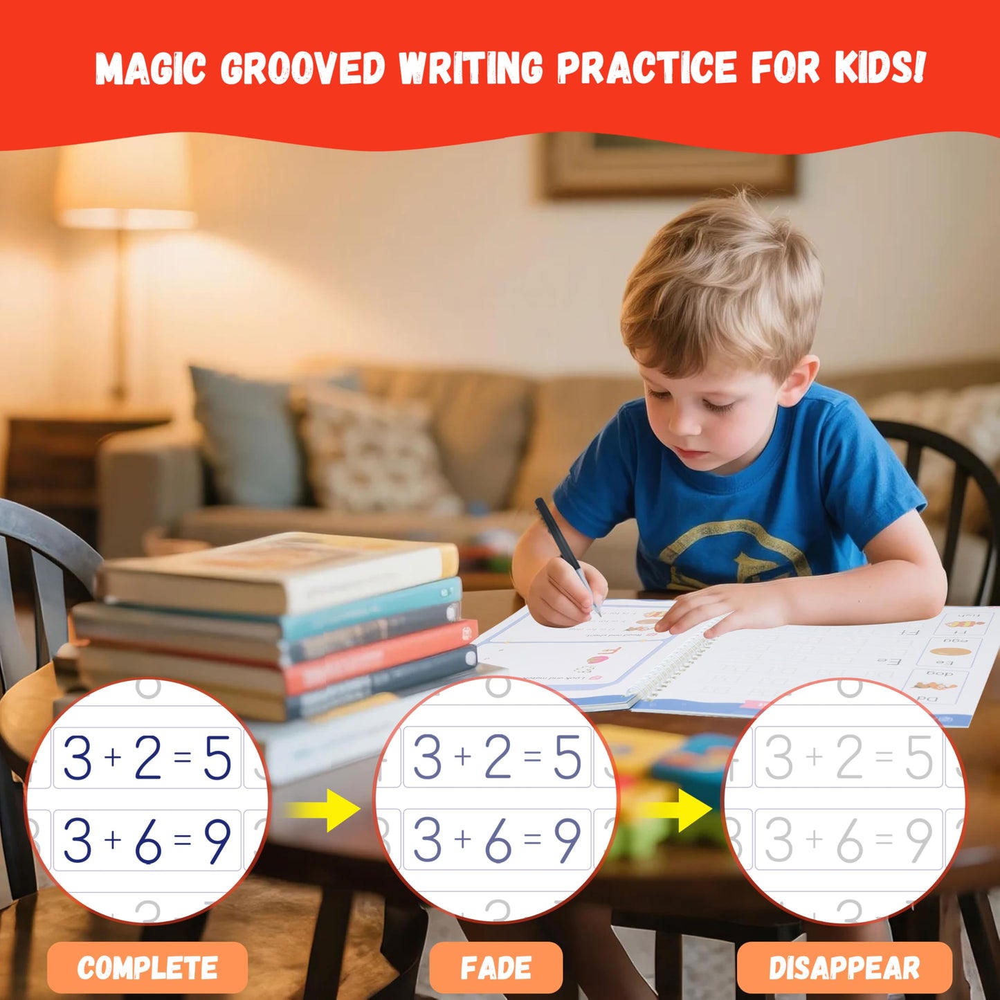 Magic Grooved Writing Practice for Kids Ages 3-8, Reusable Grooved Handwriting Workbooks, Large Writing Practice Books, Kindergarten Workbooks 10.24 * 7.29in(7 Books+Pens)