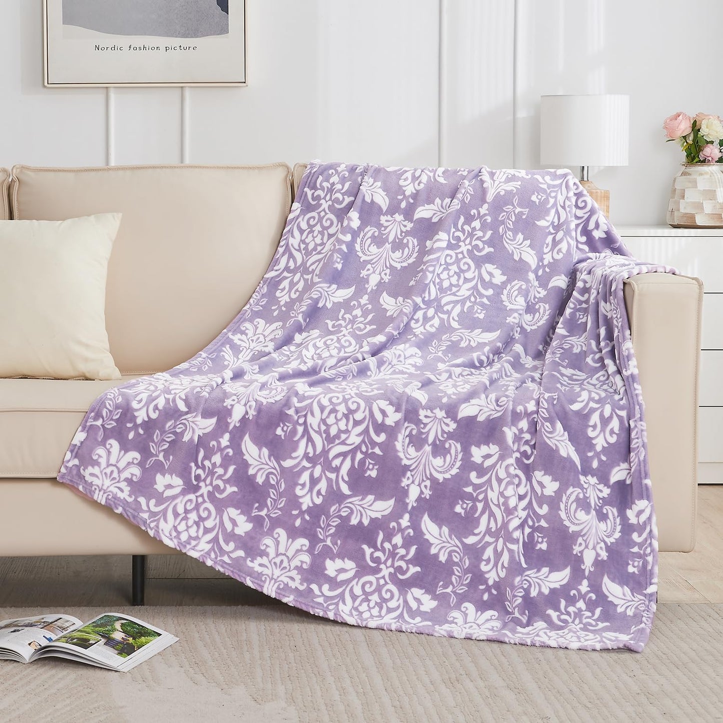 SOCHOW 3D Pattern Decorated Flannel Fleece Throw Blanket for Couch, Super Soft Lightweight Cozy Warm Blanket for Bed, Sofa, Dusty Purple 50 x 60 Inches