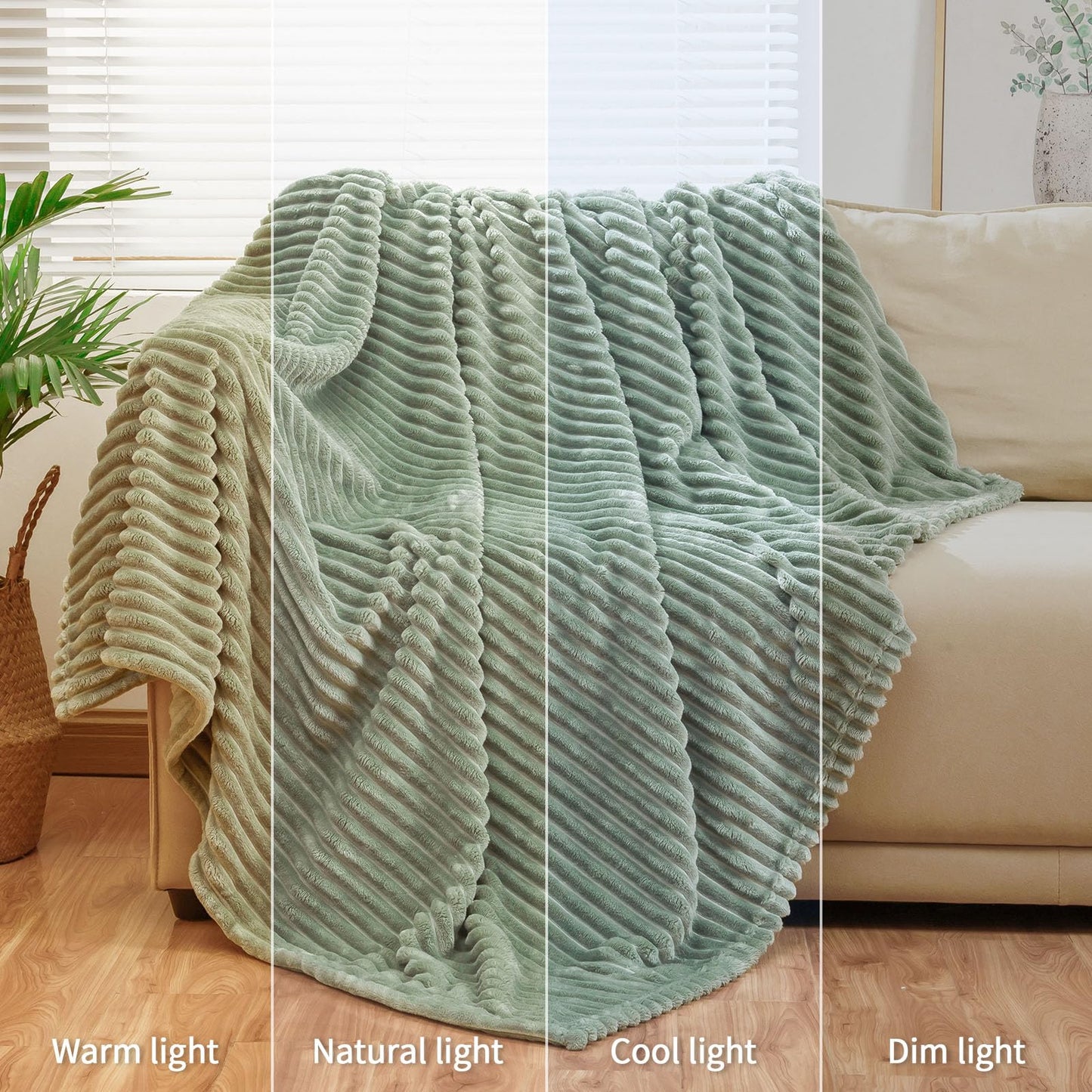 Bnuitland Sage Green Flannel Throw Blanket,300GSM Super Soft Fleece Stripe Pattern Sofa Blanket for Adults and Kids, Lightweight Cozy Bed Throw for Home Decor All Season