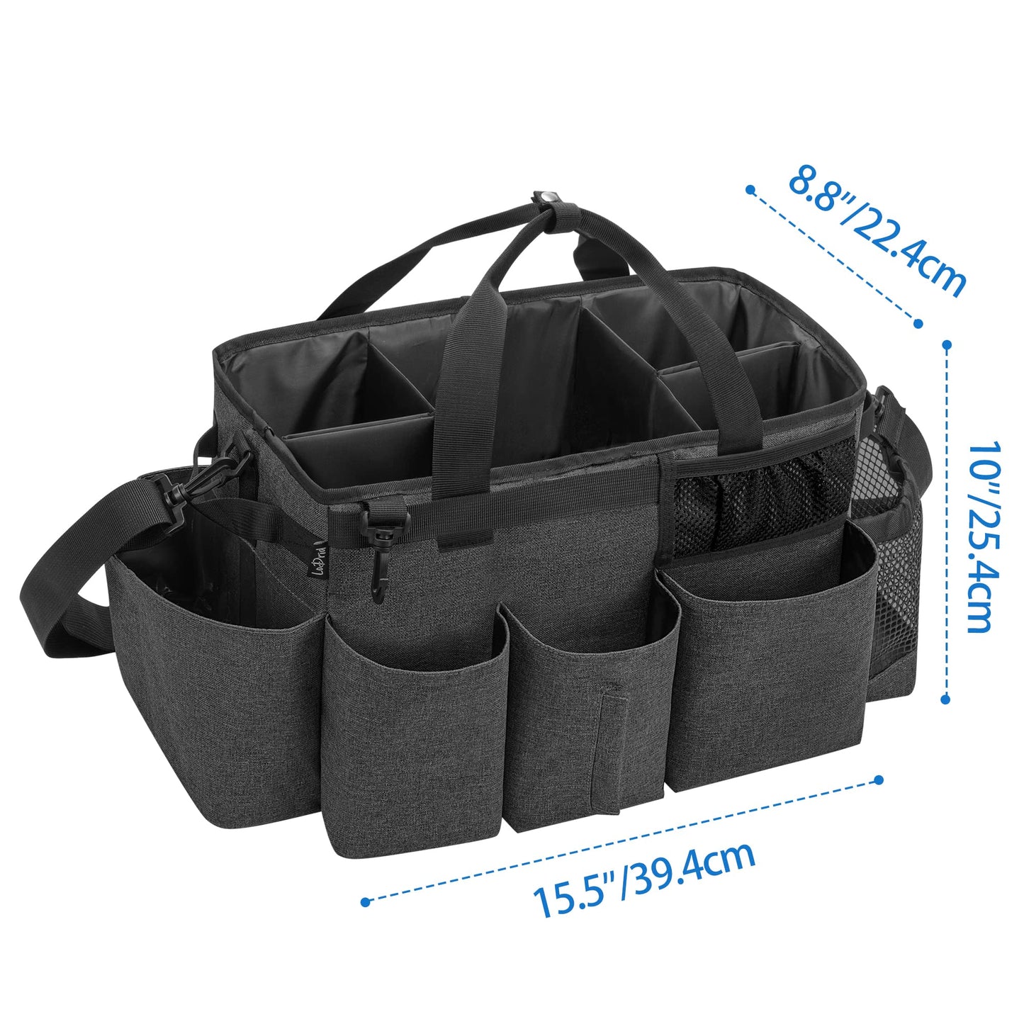 LoDrid Wearable Cleaning Caddy Bag with 4 Foldable Dividers, Cleaning Supply Organizer with Shoulder Strap and Side Handles for Cleaners & Housekeepers, Black
