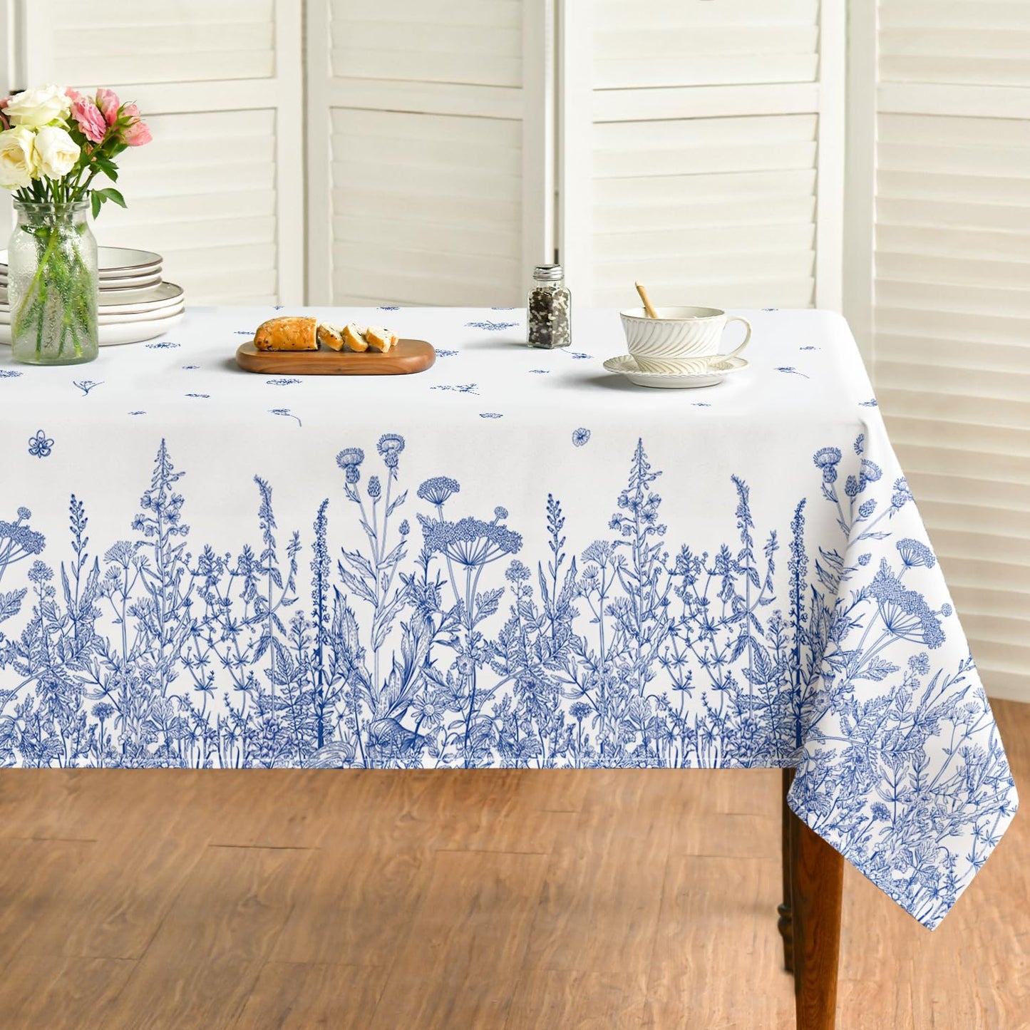 Horaldaily Spring Summer Tablecloth 60×84 Inch Rectangular, Wild Flowers Floral Blue Washable Seasonal Table Cover for Party Picnic Dinner Decor
