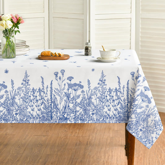 Horaldaily Spring Summer Tablecloth 60×84 Inch Rectangular, Wild Flowers Floral Blue Washable Seasonal Table Cover for Party Picnic Dinner Decor