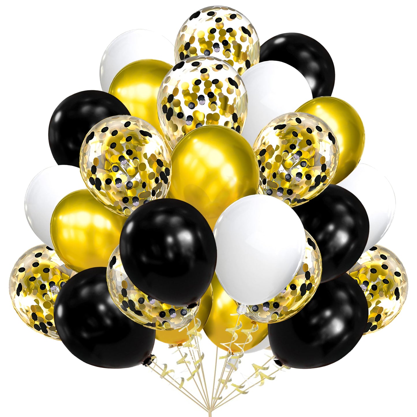 AULE Metallic Gold and Premium Latex Black White Balloons 60 Pack 12inches and Black Gold Confetti Balloons with Gold Ribbons Set for Birthday Graduation Wedding Party Decorations