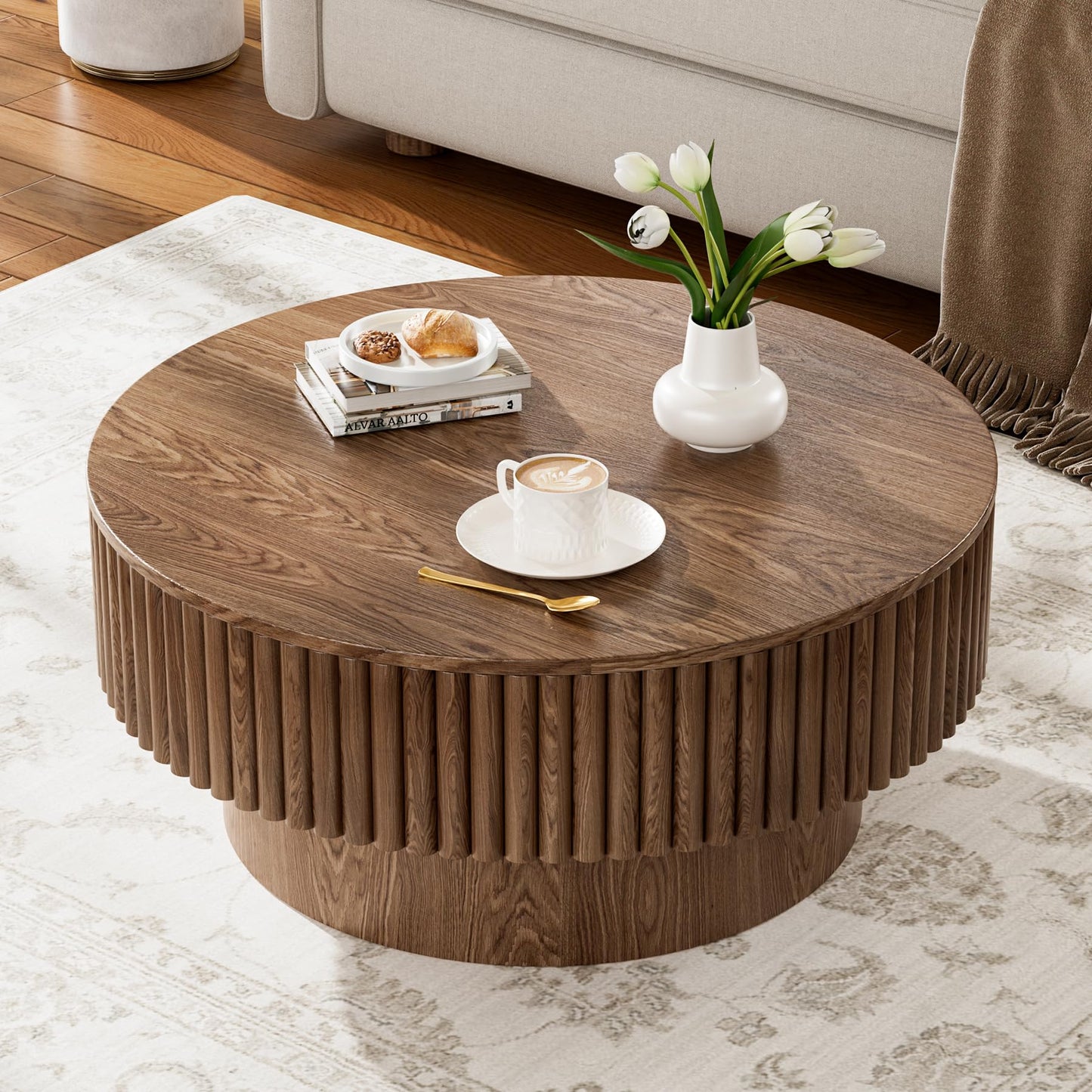 Rophefx Round Coffee Table with Storage, Wood Circle Coffee Tables for Living Room, Fluted Modern Circle Drum Center Tea Tables, ø31.5" x 14"H, Walnut Color