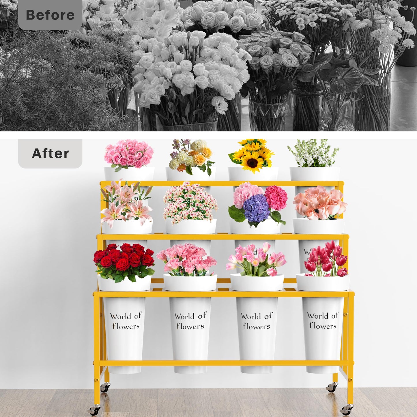 VGMiu Flower Display Stand with 12 Buckets, 3 Layers Flower Cart Gold Metal Flower Bar Stand with Wheels, Moving Florist Bouquet Shelf for Weddings Florist Indoor Outdoor Patio Garden Living Room