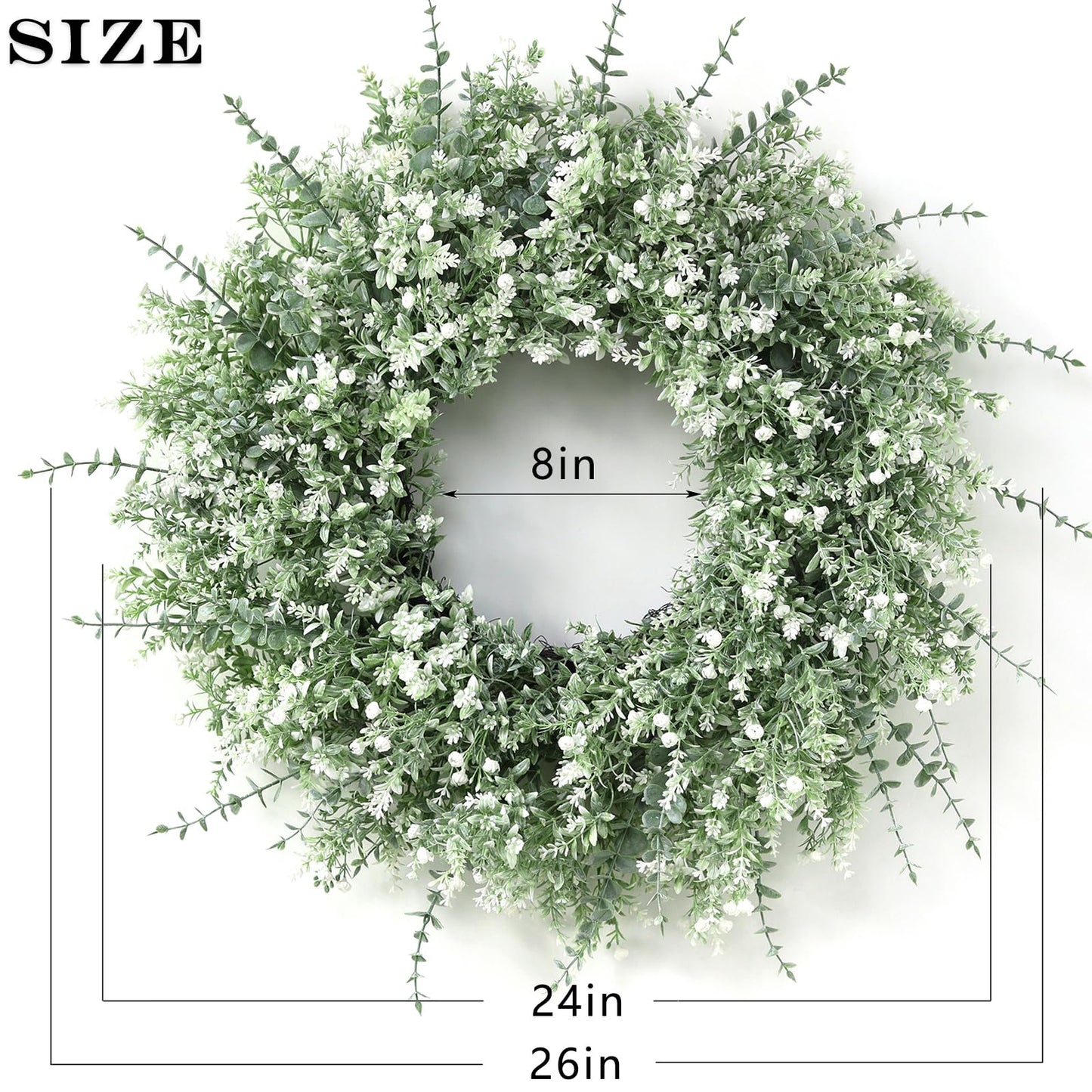 26'' Large Eucalyptus Wreath for Front Door, Porch- Artificial Eucalyptus and Lavender with Babys Breath Flowers Wreath for Home, Farmhouse Wall Decor- Spring, Summer, Fall, All Seasons (White-Green)