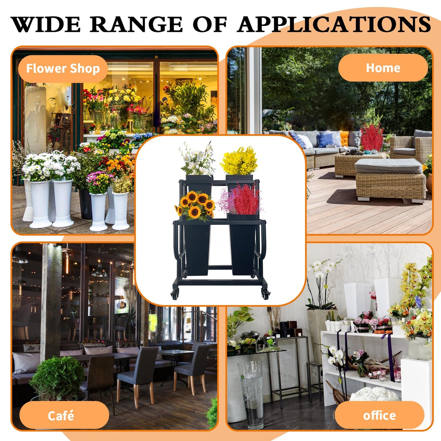 Tongmo 2-Tier Flower Display Stand with 4 Buckets - Movable Plant Cart for Heavy Duty Flower Rack - Perfect for Flower Shops, Homes, Cafés, and Offices (2-Tier with Bucket)