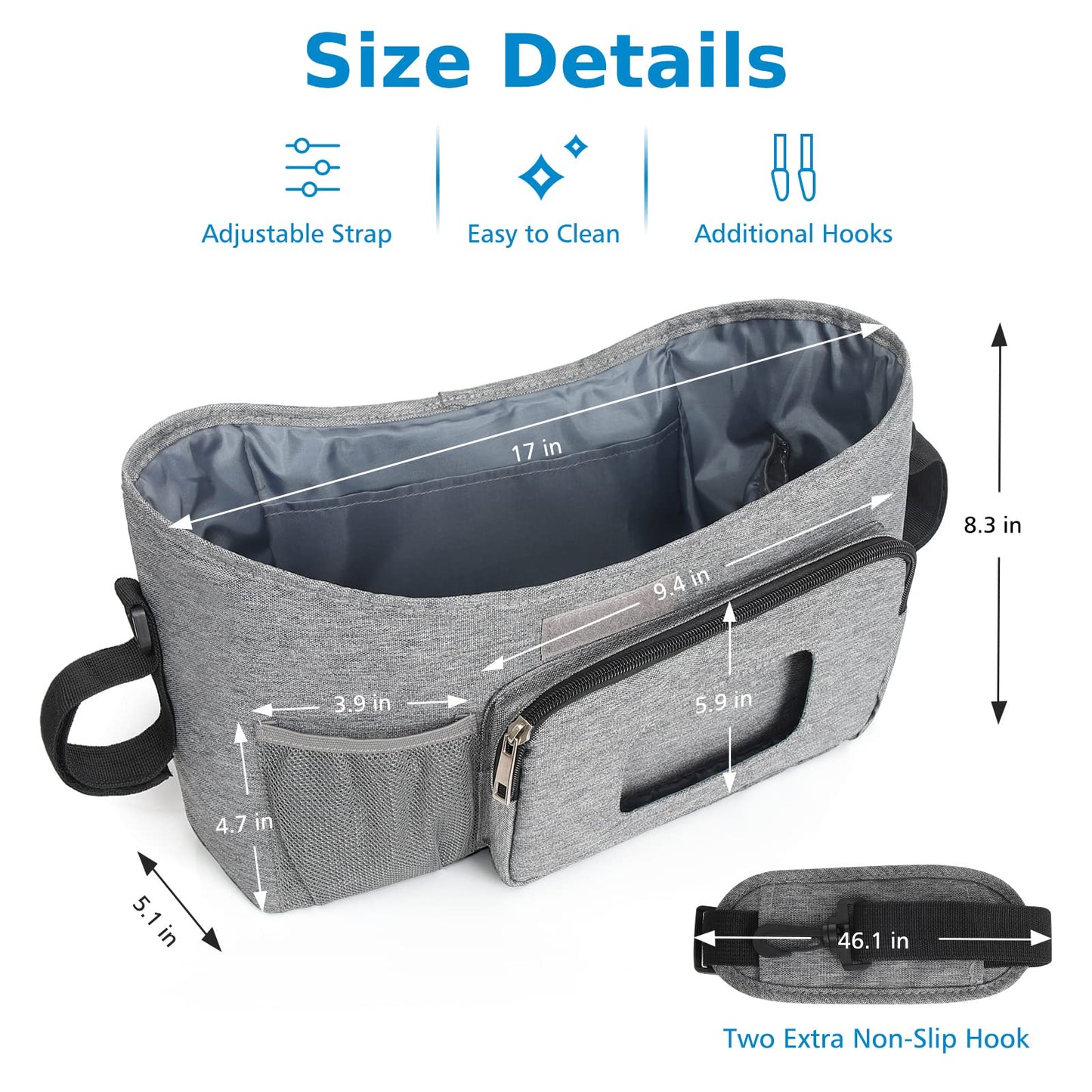 Accmor Universal Stroller Organizer with Insulated Cup Holder, Stroller Caddy Bag Accessories, Stroller Cup Holder Organizer for Uppababy Baby Jogger Britax Stroller, Grey