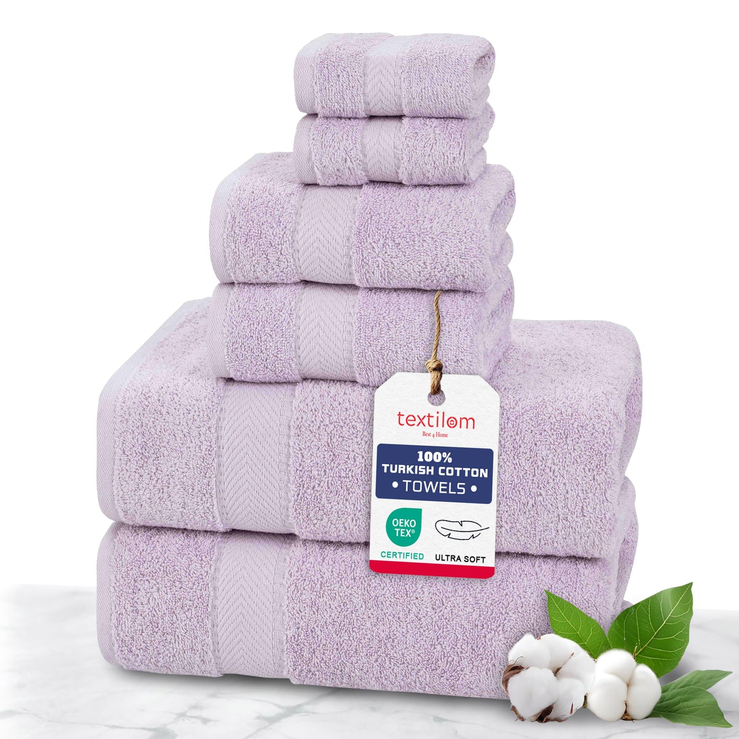 TEXTILOM 100% Turkish Cotton 6 Pcs Bath Towel Set, Luxury Soft & Absorbent Bathroom Towels Set (2 Bath Towels, 2 Hand Towels, 2 Washcloths)- Lilac