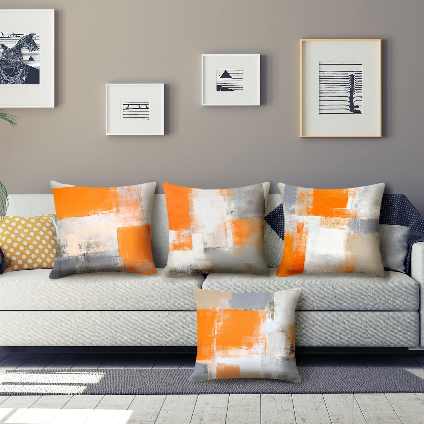 HOSTECCO Orange and Grey Throw Pillow Covers 18x18 inch Set of 4 Orange Abstract Art Pillow Cases Contemporary Square Decorative Cushion Covers for Sofa Couch Bed