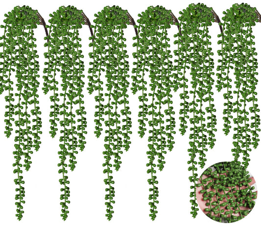 RECUTMS 6pcs Artificial Succulents Hanging Plants Fake Hanging Plants String of Pearls Faux Greenery Wall Plant Artificial Plants Indoor Outdoor Home Decor