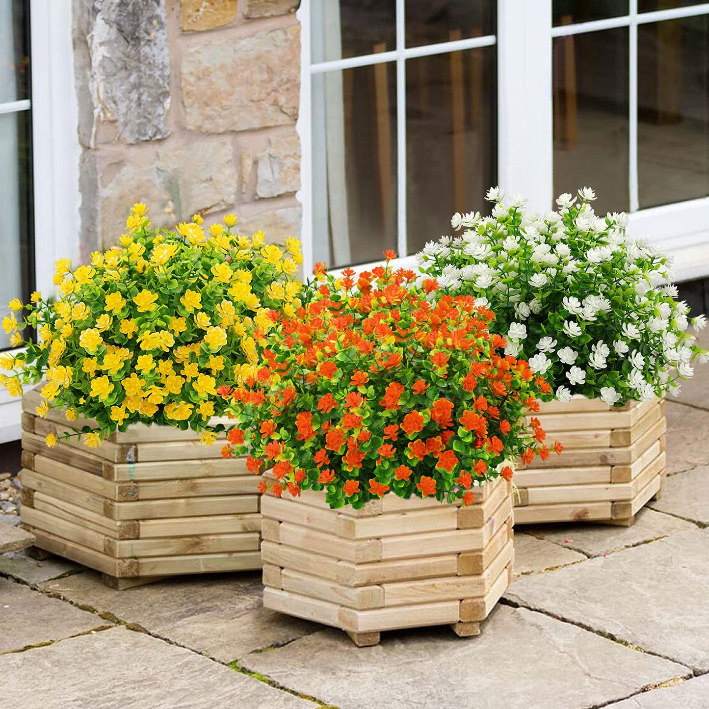 GREENRAIN Artificial Flowers Outdoor Fake Flowers for Decoration UV Resistant No Fade Faux Plastic Plants Garden Porch Window Box Décor (6 Bundles, 4#White)