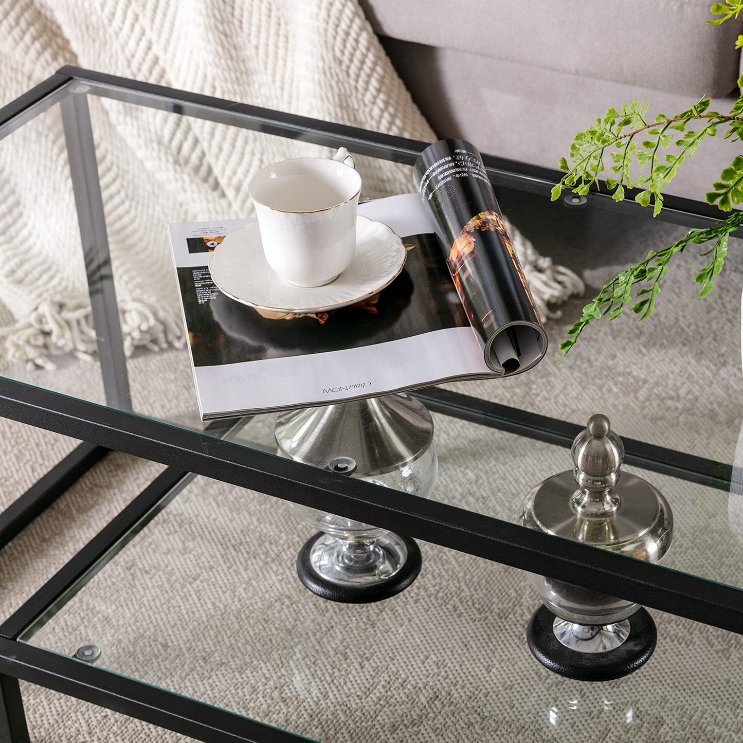 Metal Glass Coffee Table, Black Accent Modern Tempered Glass Side Table, Additional Storage Shelf, for Living Room Home Classy Furniture Office Decor
