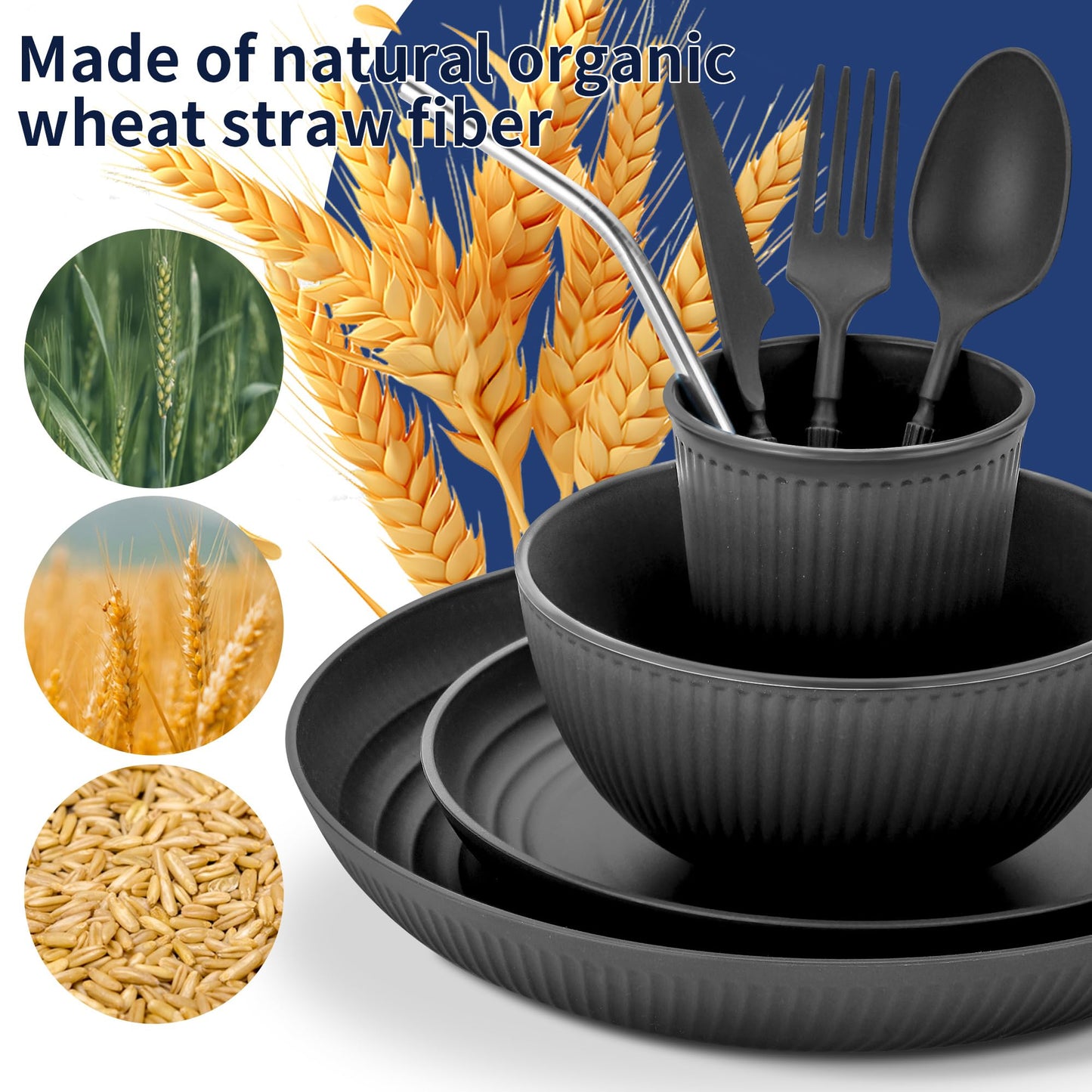 Wheat Straw Dinnerware Sets,64-Piece Black Plates and Bowls Sets for 8-Unbreakable,Reusable Plastic Dish Set-Dinner Plate/Dessert Plate/Cereal Bowl/Cup/Utensils-Microwavable Dishwasher Safe 64P-BLACK