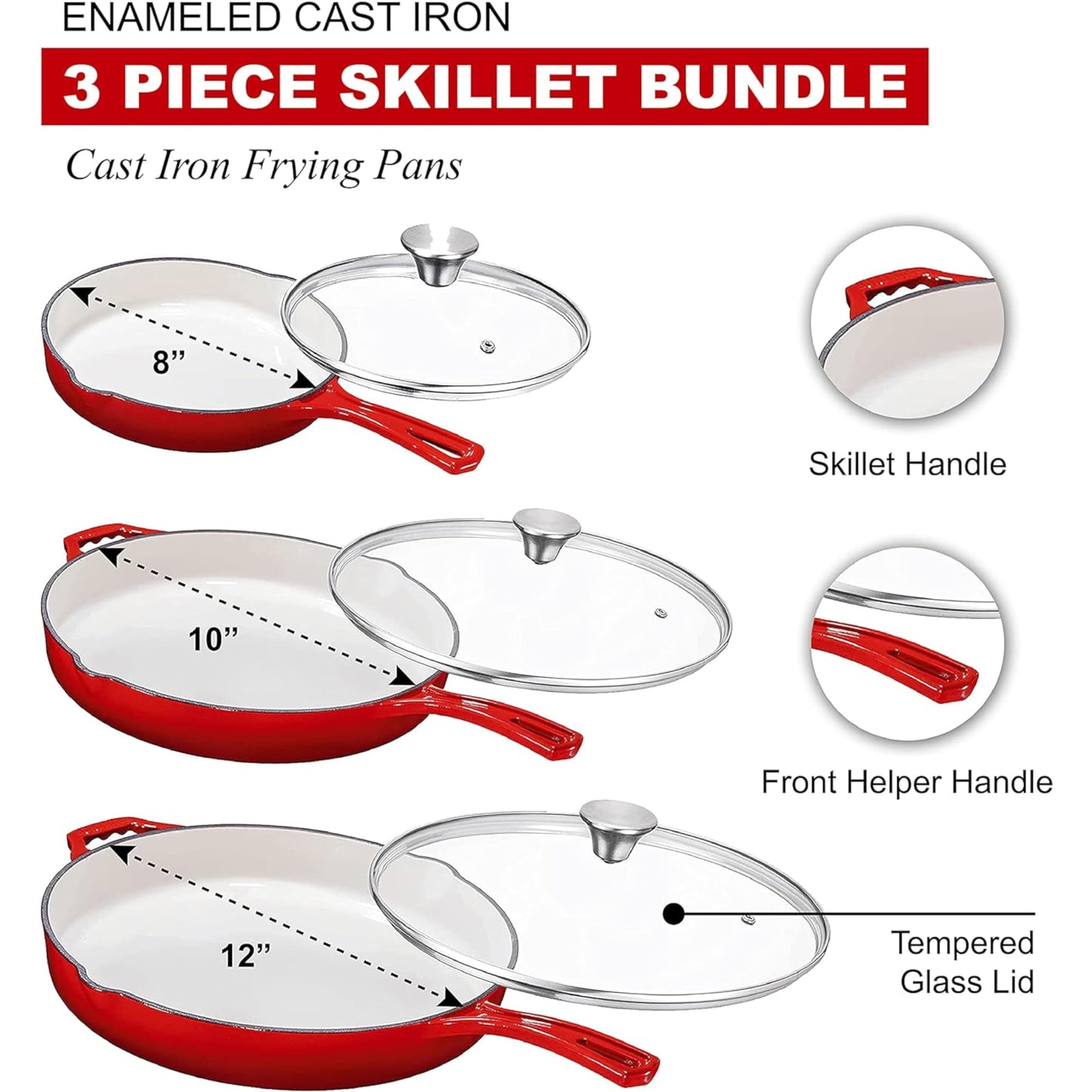 Bruntmor Enameled Cast Iron Skillet Set of 3-8, 10, and 12-Inch Non Stick Frying Pans with Tempered Glass Lids - Versatile Cast Iron Cookware Set for Casserole - Grill Pan for All Stovetops - Red