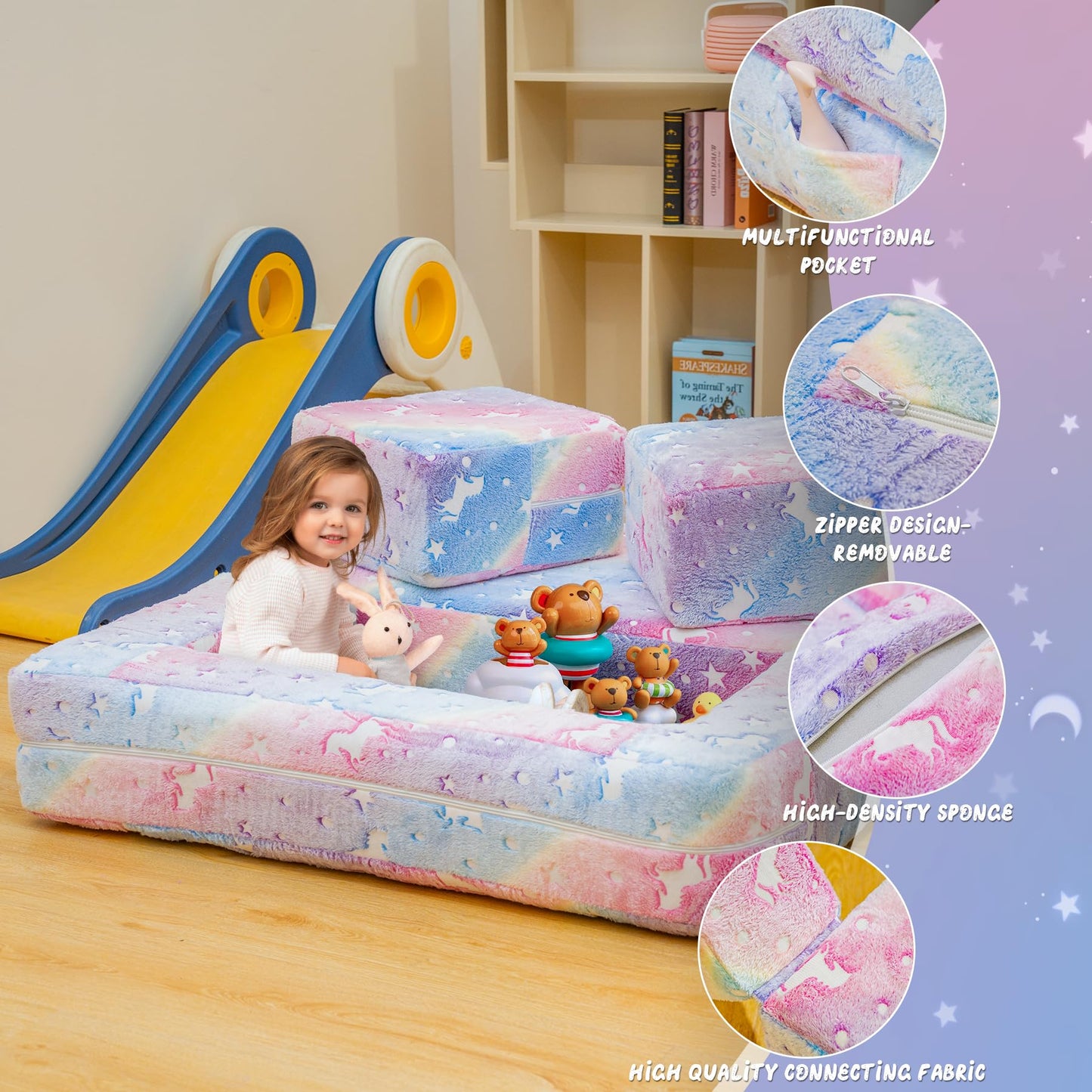 furlinkhm Modular Kids Play Couch, Glow in The Dark Kids Play Couch Toddler Couch,Kids Couch for palyroom, Convertible Baby Fold Out Play Foam and Floor Cushion for Bedroom (Rainbow+Unicorn)