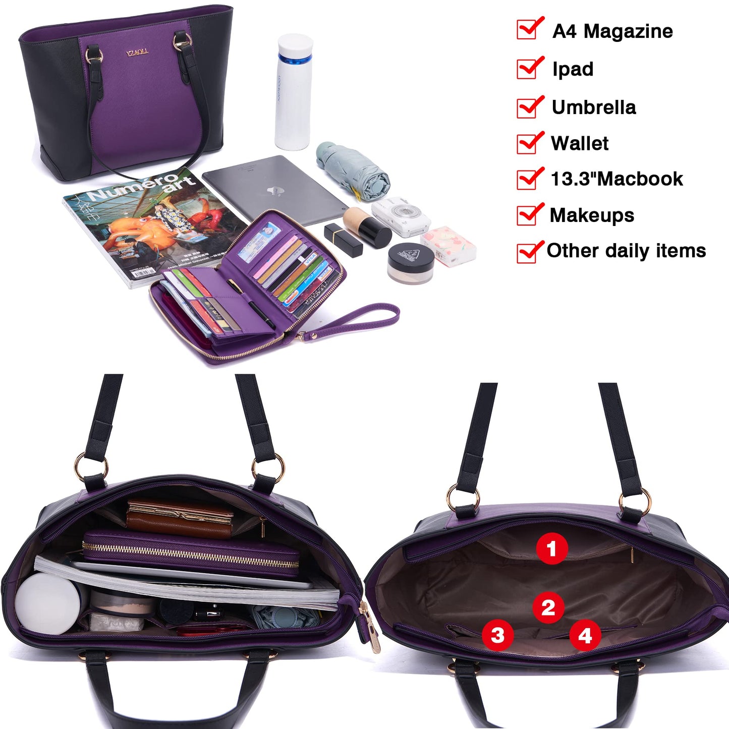 Purses for Women Large Tote Shoulder Color Blocking Handbags Top Handle Satchel Women Purse Wallet set 2pcs PurpleBlack