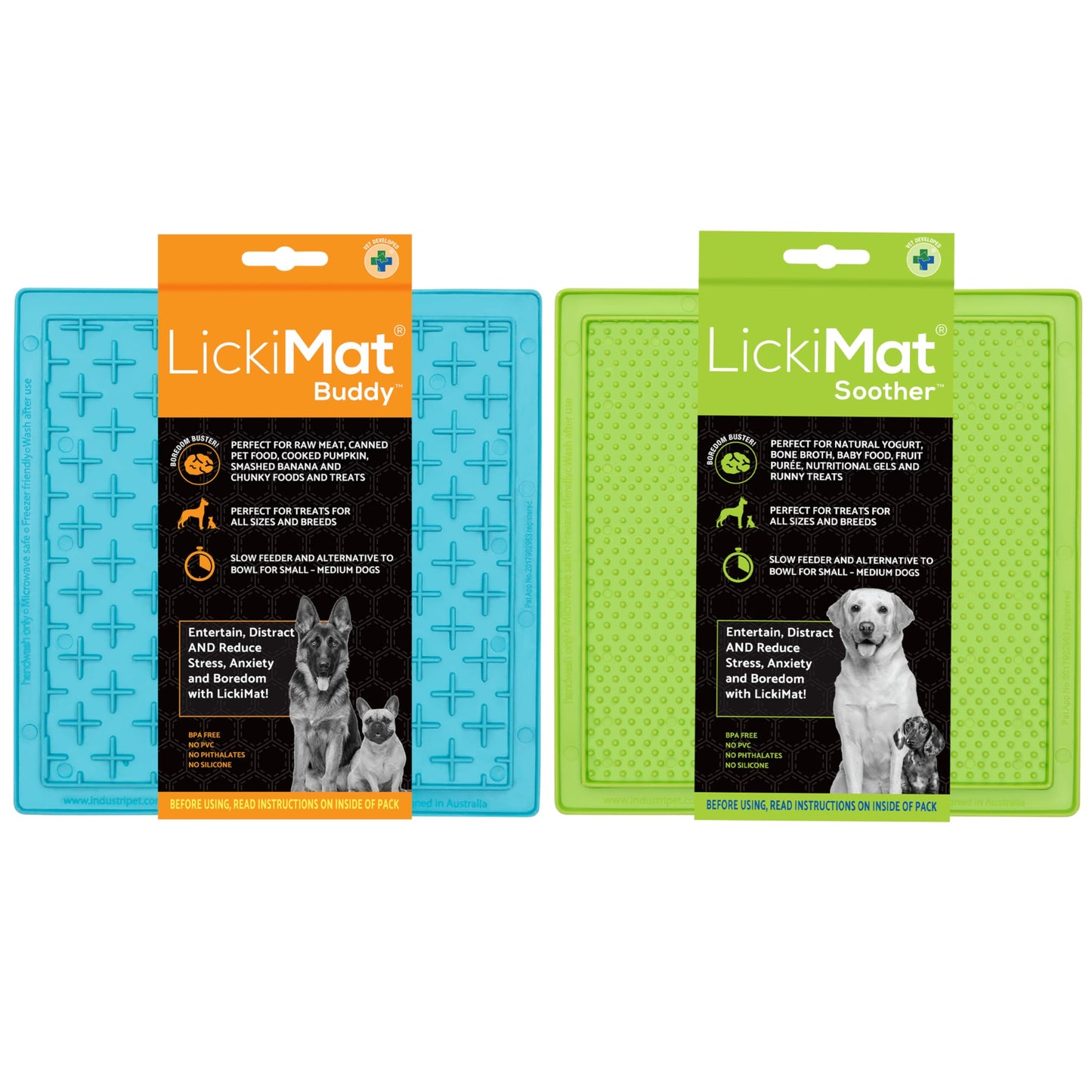 LickiMat 8"X8" Pack of 2 Classic Soother & Buddy Dog Slow Feeders Lick Mat Boredom Anxiety Reduction Perfect for Food Treats Yogurt Peanut Butter Fun Alternative to Slow Feed Dog - (Green & Turquoise)