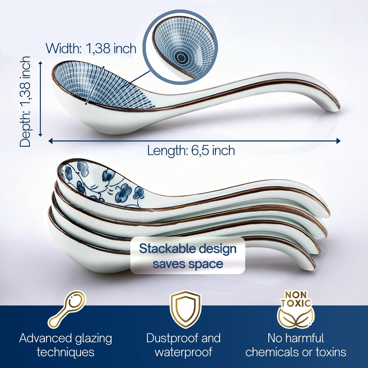 KHOI NGUYEN Asian Soup Spoon Set of 4, Ceramic Pho Spoons, Ramen Spoon, Chinese Soup Spoons, Vietnamese Gifts, Non-Slip, Dishwasher Safe for Ramen, Pho, Wonton, Miso, Dumplings, 4pcs