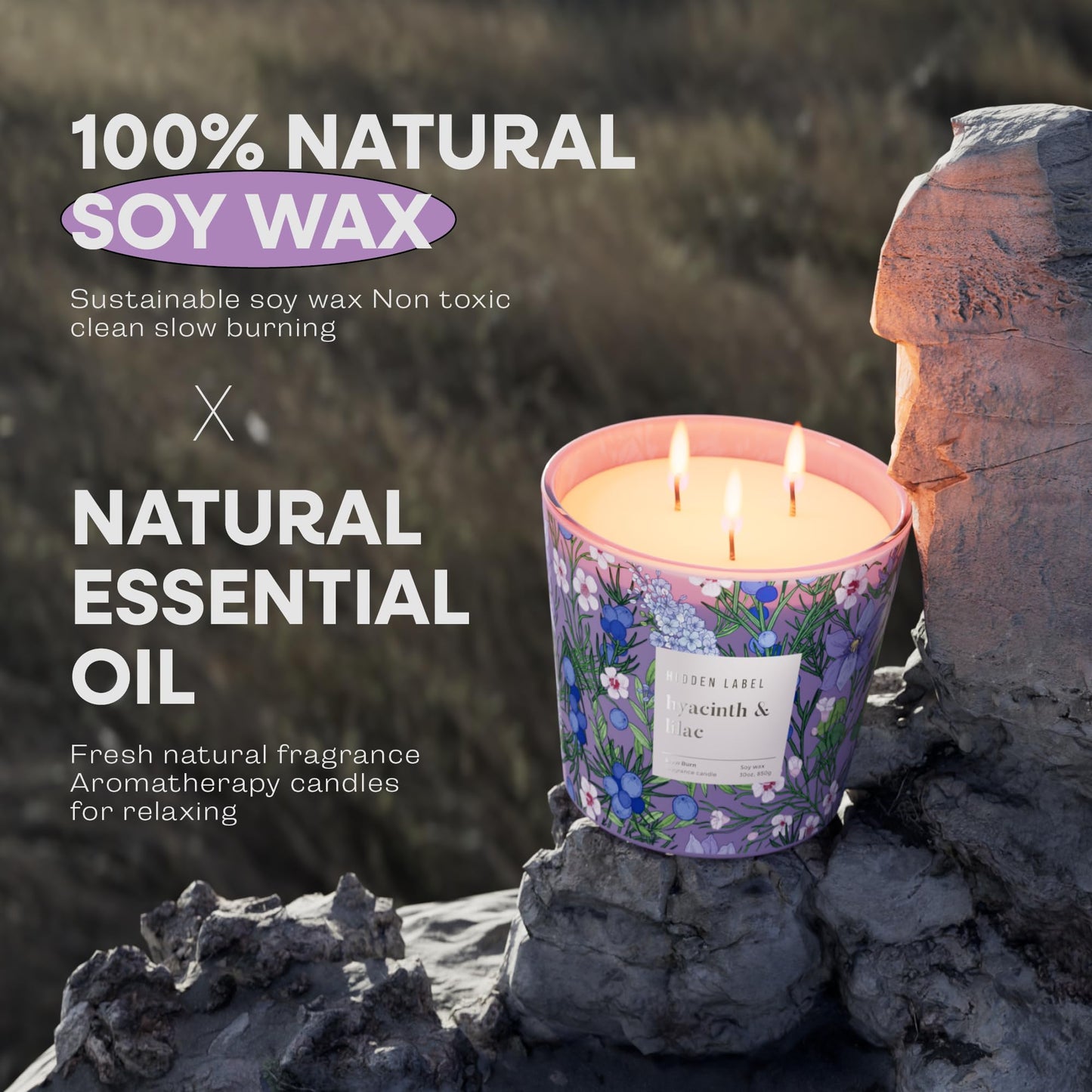 Hidden Label Hyacinth & Lilac Soy Candle, 3 Wick Large Candles for Home Scented, 30oz Natural Soy Candles Non Toxic, 100 Hour Burn Time, Aromatherapy Candle for Stress Relief, SPA, Larger Rooms