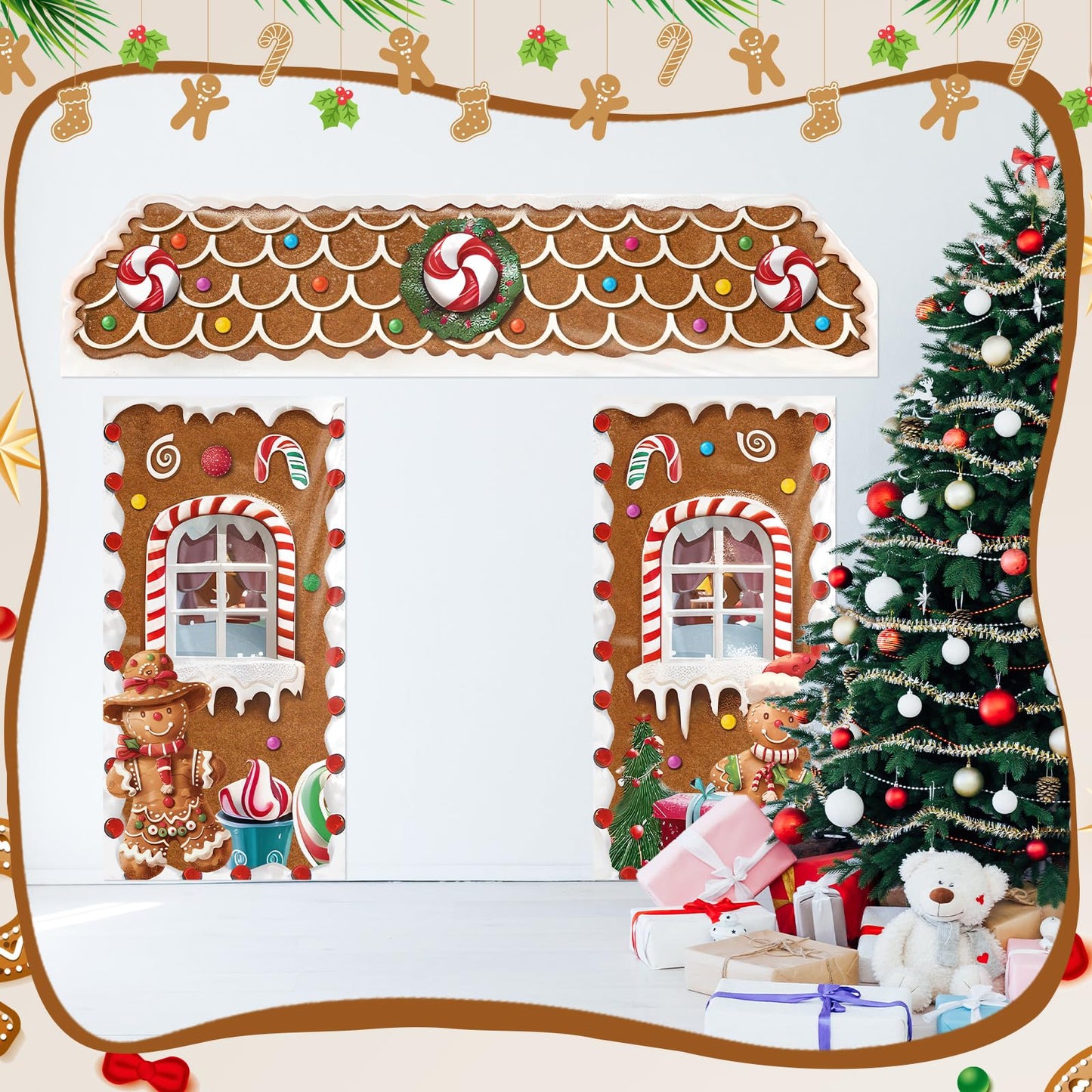 HunnmingRe 3 Pcs Christmas Gingerbread House Decorations Gingerbread Door Covers Backdrop Christmas Door Banners for Xmas Holiday Party Photography Photo Background Decor(Candy Style)