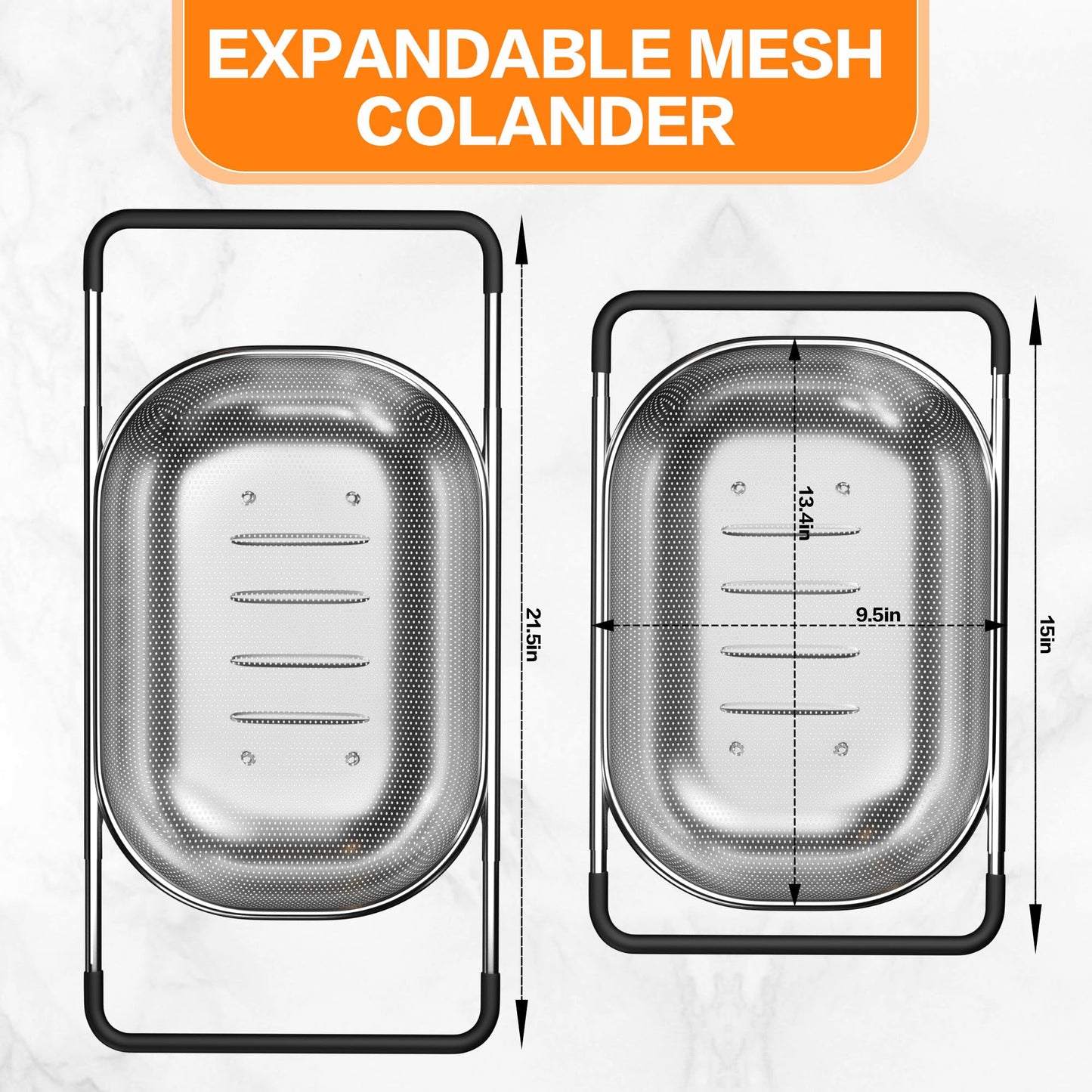 Over the Sink Colander - Strainers and Colanders - Sink Strainer Basket - Expandable Fine Mesh Strainer with Rubber Grip for Veggie, Fruits, Pasta, Home Kitchen Essentials (9.5W x 13.4-21.3L x 3.3H)