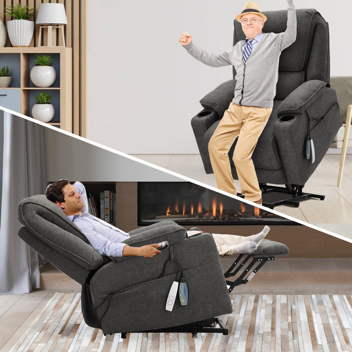 KIGOTY Power Lift Recliner Chair with Massage and Heat for Elderly, Recliner Chairs for Adults, Recliner Massage Chair with Remote Controls,Cup Holders, USB Port (Dark Grey, 33" Wide)