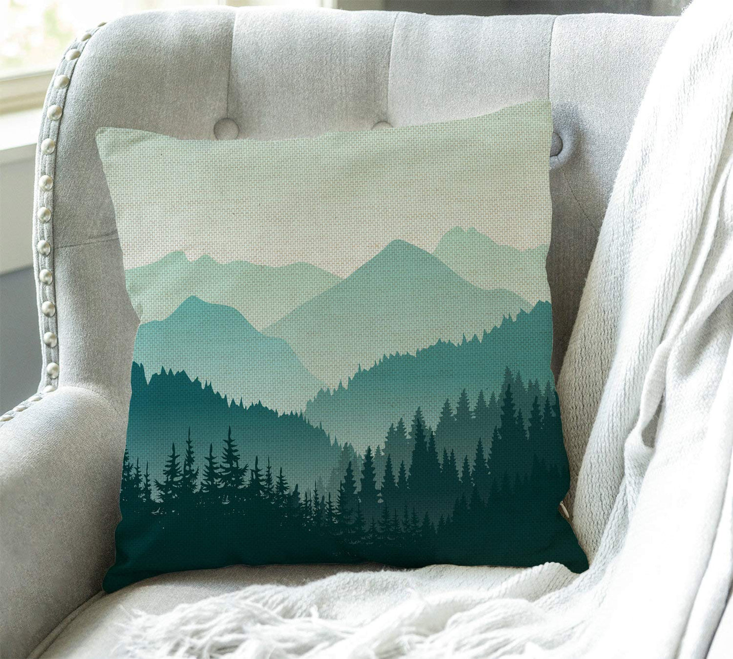 Swono Beautiful Green Mountain Landscape Rustic Farmhouse Style Decorative Throw Pillow Cover Cushion Case for Sofa Couch Housewarming Present Home Decor Cotton Linen 18" x 18" Inch