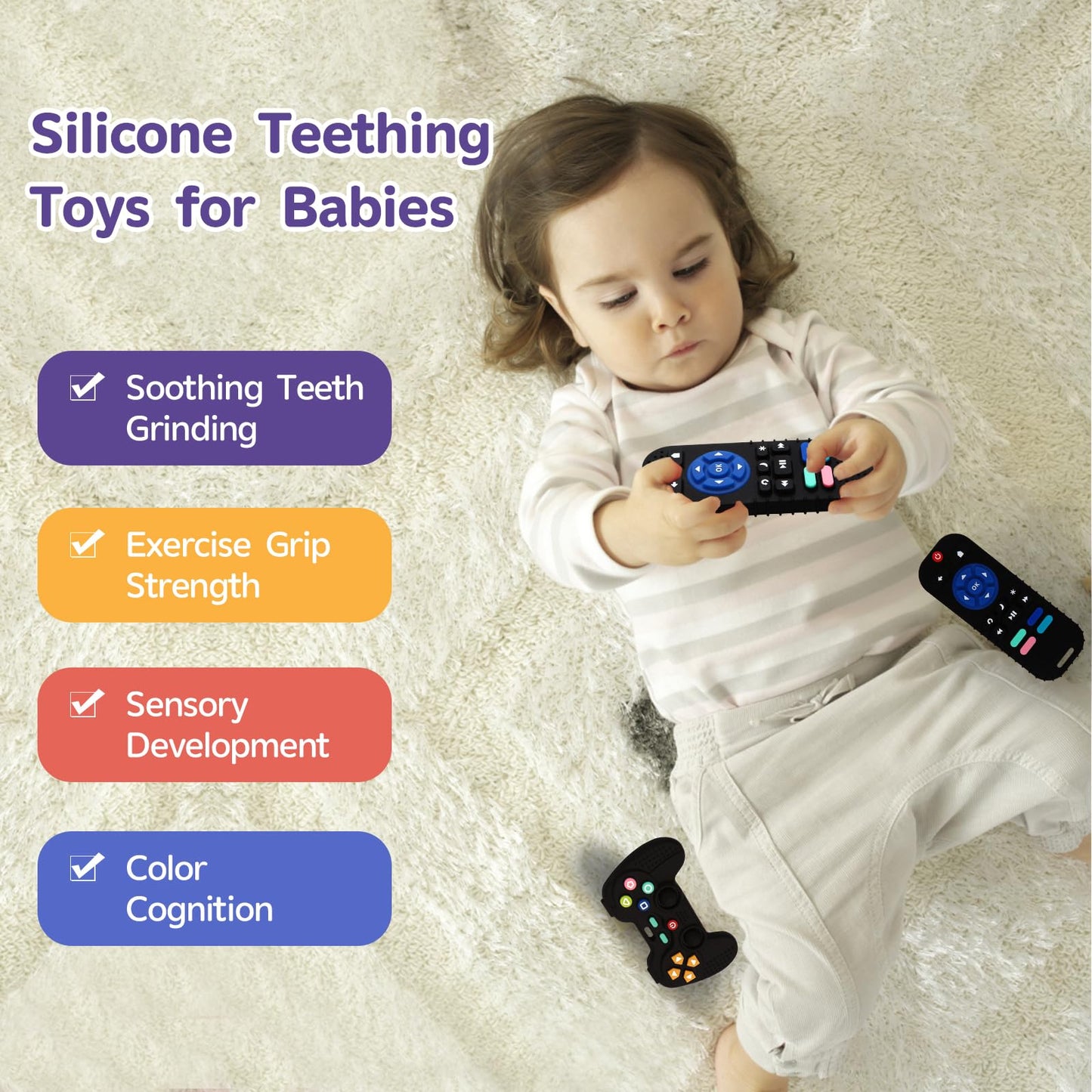 Hooku 2 Pack Silicone Teething Toys for Babies 0-6 Months, Teethers for Babies 6-12 Months, Remote Teether for Baby, Sensory Toys for Babies, Baby Chew Toys