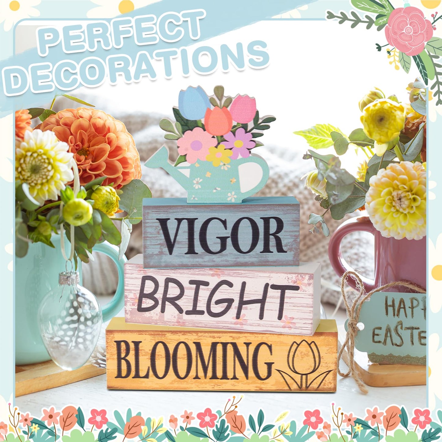Summer Tiered Tray Decor Wooden Flower Kettle Block Signs Spring Wood Flower Block Summer Tiered Tray Decorations Vigor Bright Blooming Centerpiece Decorations for Kitchen Home Shelf Office Decor