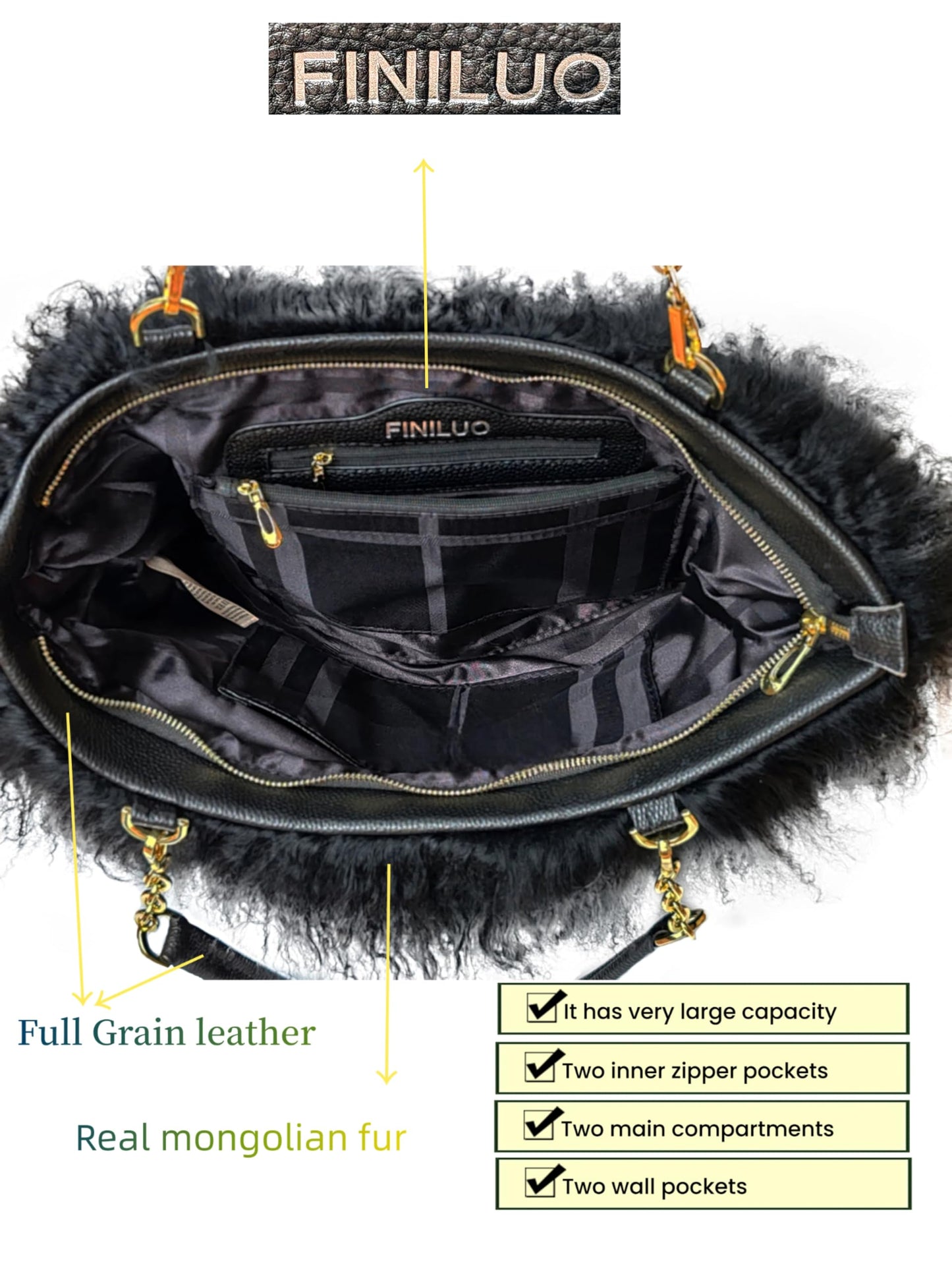 FINILUO Big Fur Tote Bag Curly Lamb Hair Furry Purse with Genuine Leather Handles Plush Black Fur Handbag (black)