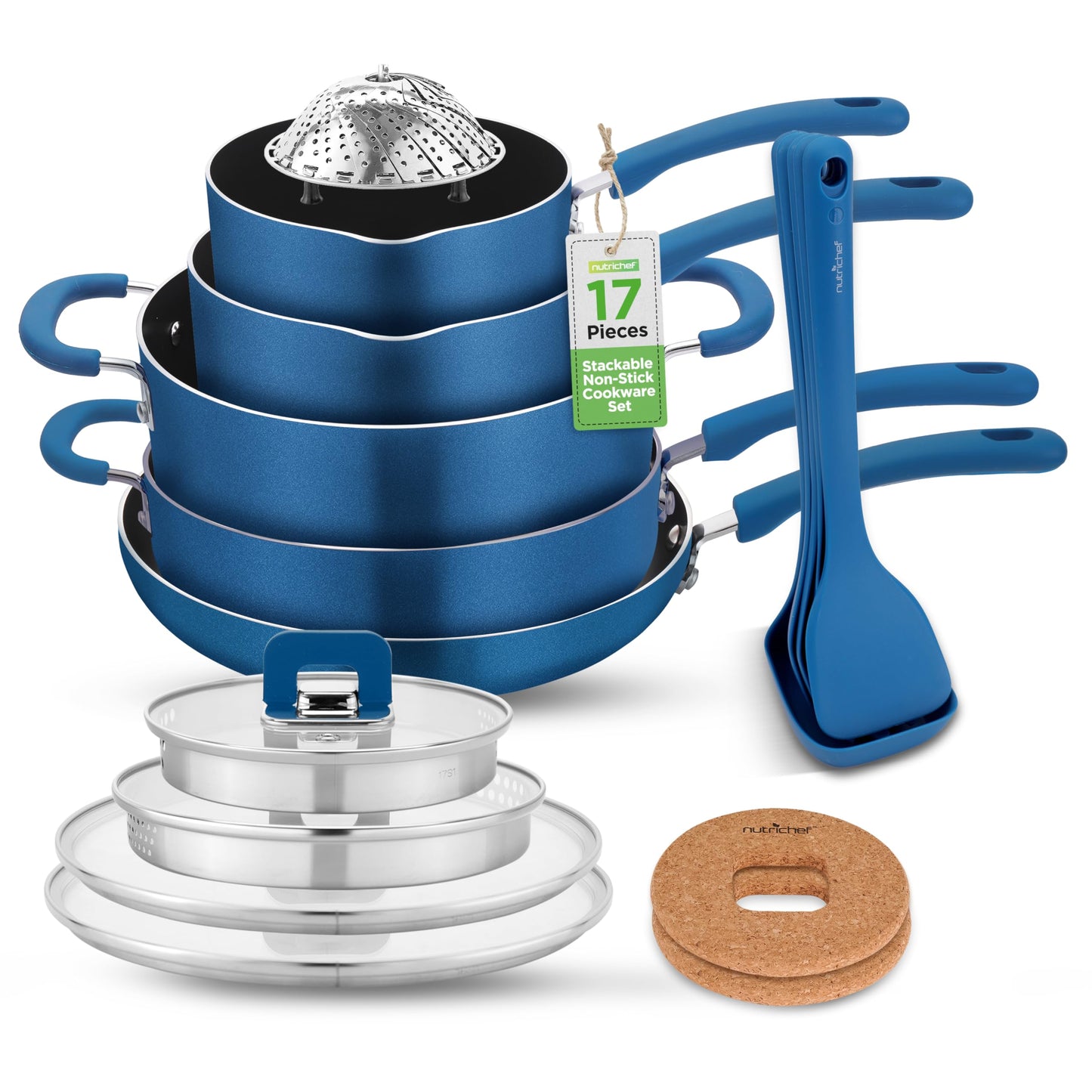 NutriChef 17pcs Blue Stackable Pots and Pans Set, Nonstick Induction Cookware, Space Saving Cookware, Easy Clean, Ideal For RV and Camper, Includes a Foldable Steamer Basket and Cooking Utensils