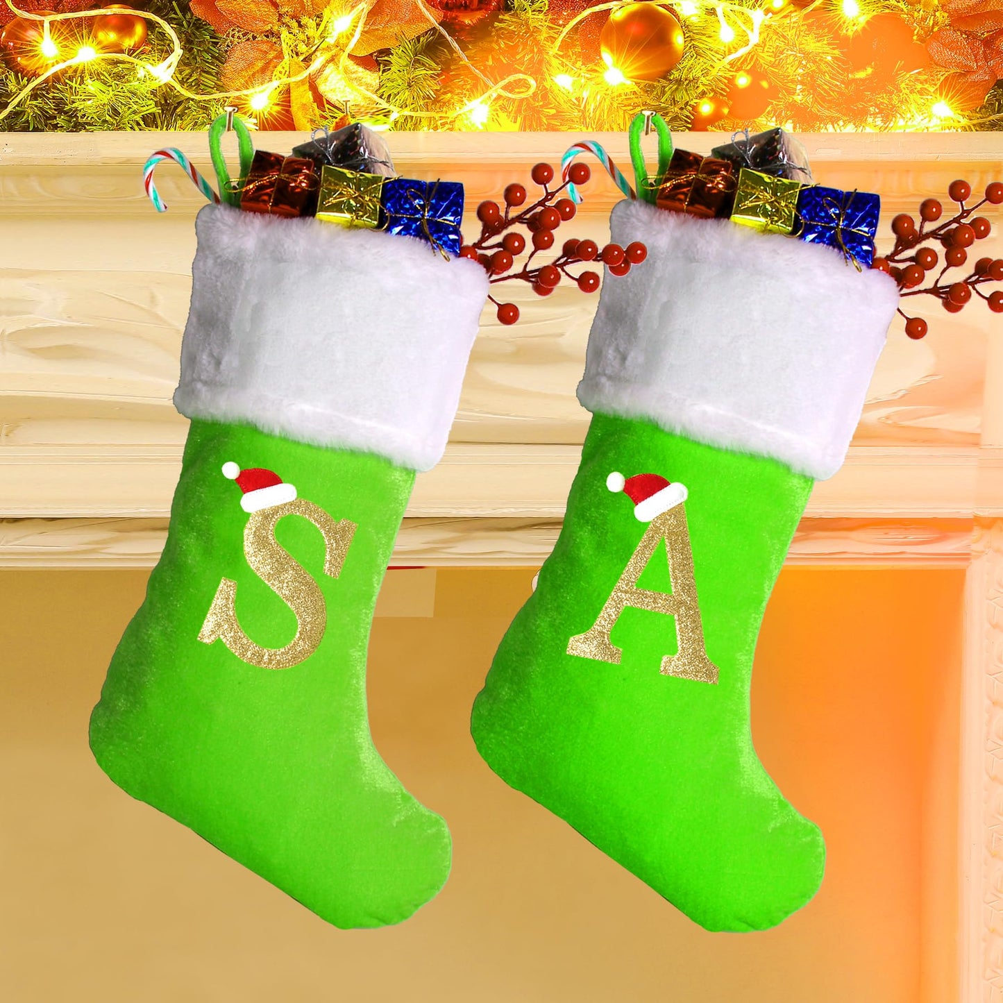 20 Inches Monogram Christmas Stockings with Letters, Large Super Soft Christmas Stockings Green Velvet with White Super Soft Plush Cuff for Christmas Xmas Tree Holiday Fireplace Green