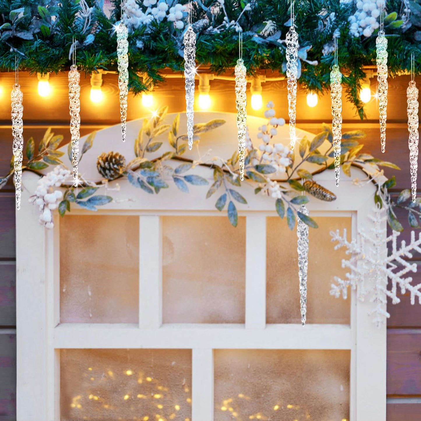 Jishi 24pk Christmas Icicle Ornaments for Christmas Tree Decorations, Hanging Acrylic Crystal Christmas Ornaments 5.1" Clear Plastic Icicles for Christmas Tree, Winter Wonderland Decorations Supplies