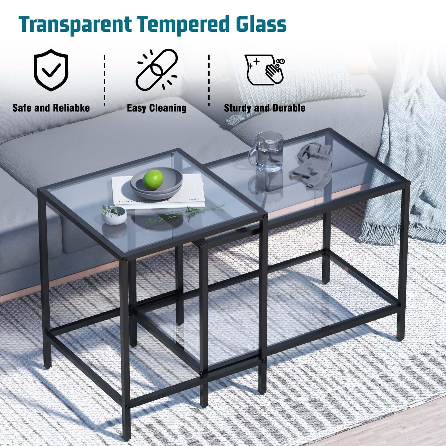Nesting Coffee Table,Small Glass Coffee Table Set of 2,Black Modern Square Sofa Side Tea Table for Living Room,Bedroom and Small Spaces,2 Tier Tempered Glass with Sturdy Metal Frame, Easy Assembly