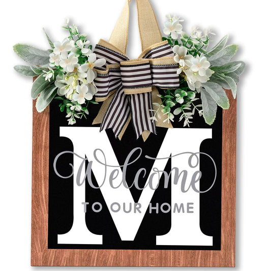 14'' Large Last Name Welcome Door Wreath for Front Door 26 Letter All Year Round Wooden Hanging Decoration for Farmhouse Home Outdoor and Indoor Decor