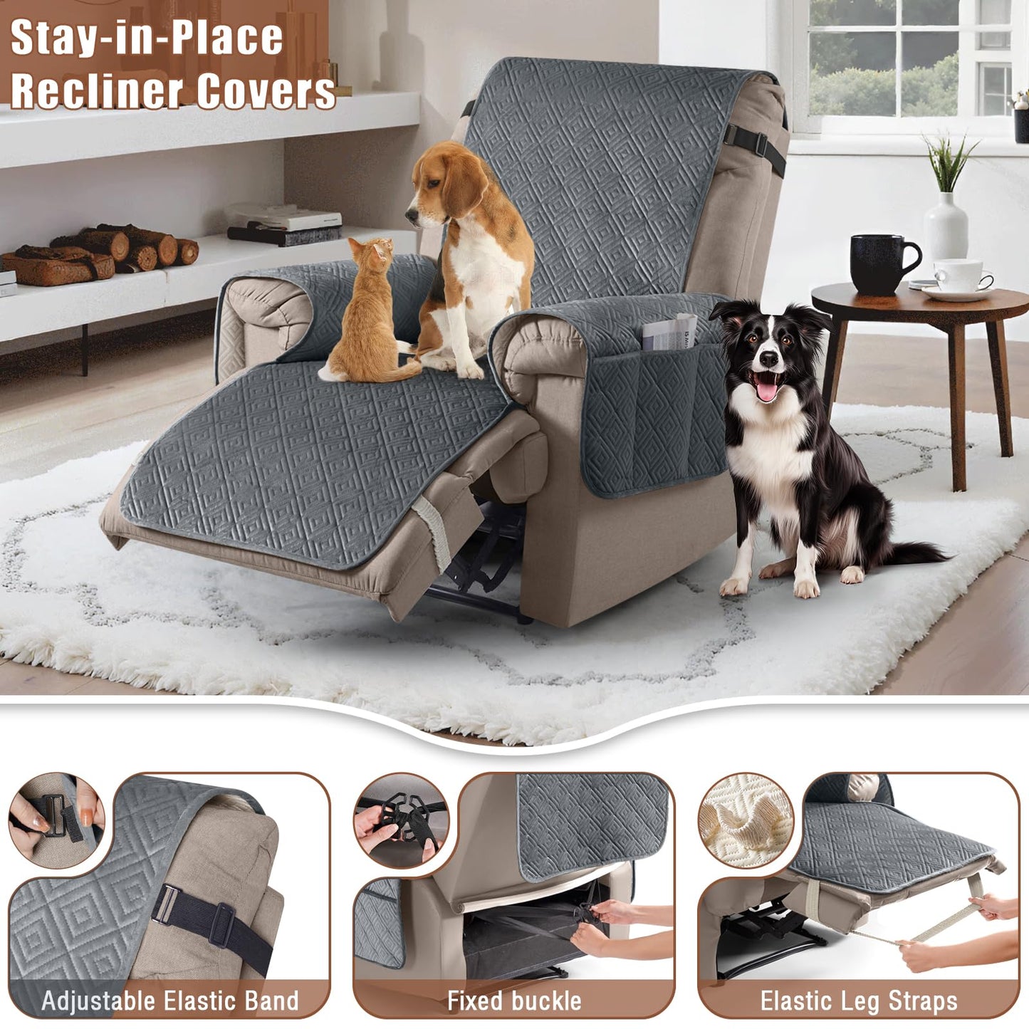 Timeles 100% Waterproof Recliner Chair Covers, Recliner Cover That Stay in Place with Pocket for Pets & Dogs,Furniture Slipcover Protector Washable (Medium: 23",Gray)