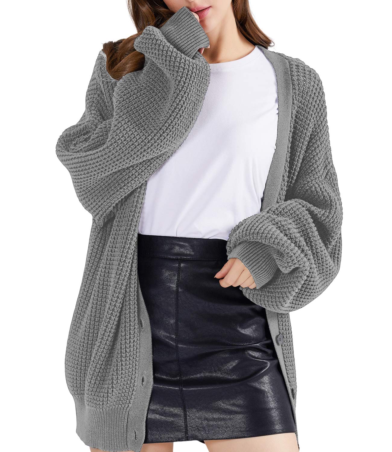 QUALFORT Women's Cardigan Sweaters for Women 100% Cotton Button-Down Long Sleeve Oversized Knit Coatigan Jackets Heathergrey X-Large