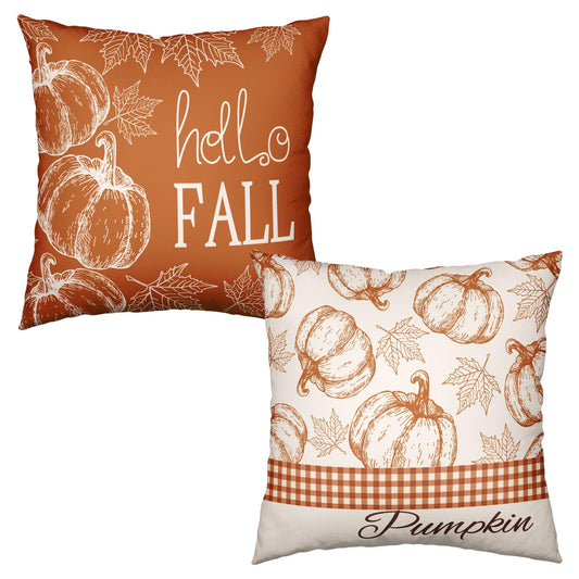 Wnoesat Hello Fall Pumpkin Pillow Covers 18x18 Set of 2 Autumn Maple Leaves Burnt Orange Outdoor Throw Pillows Case Farmhouse Thanksgiving Decorative Cushion Covers for Home Couch Sofa
