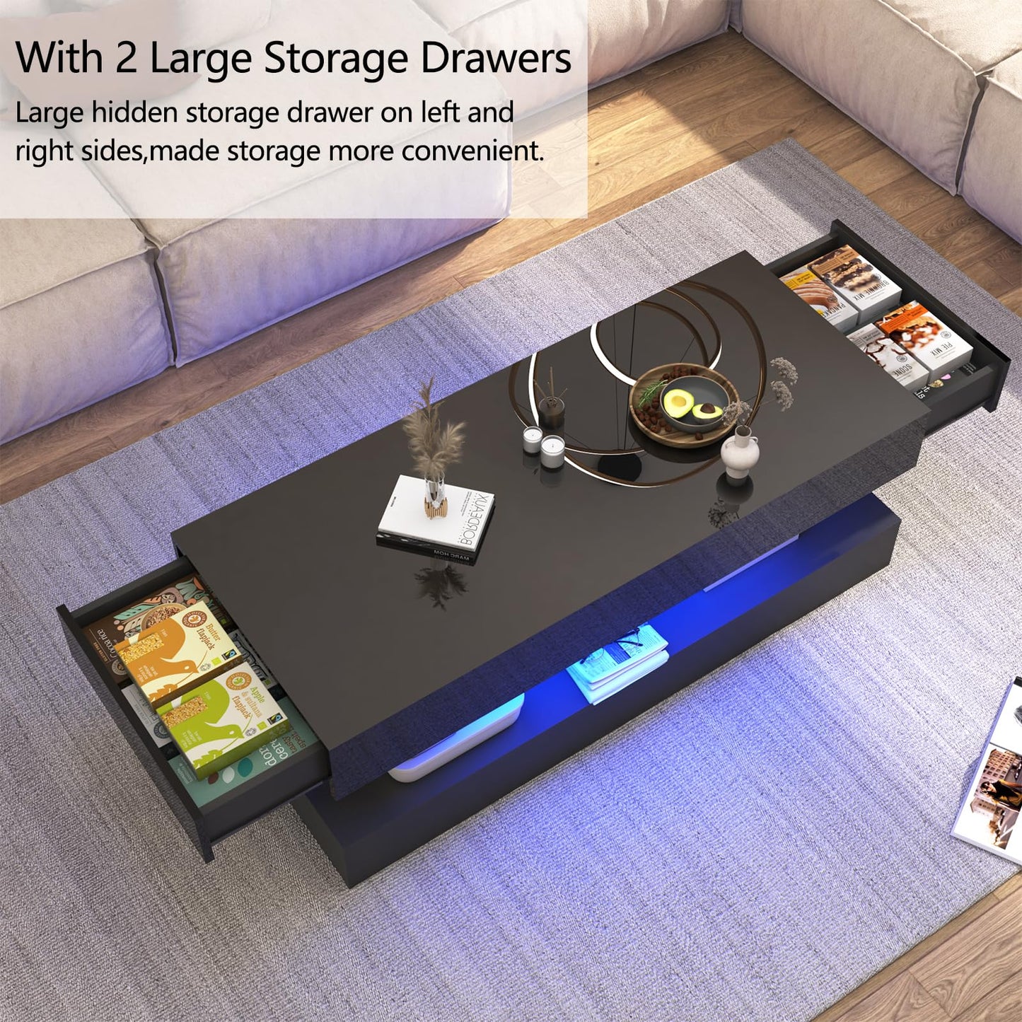 Uspeedy 47.3IN High Glossy LED Coffee Table,Modern Coffee Tables for Living Room,Living Rooms Tables,Large Living Room Furniture,APP LED Lights,Black/White Coffee Table for Livings Room (Black)
