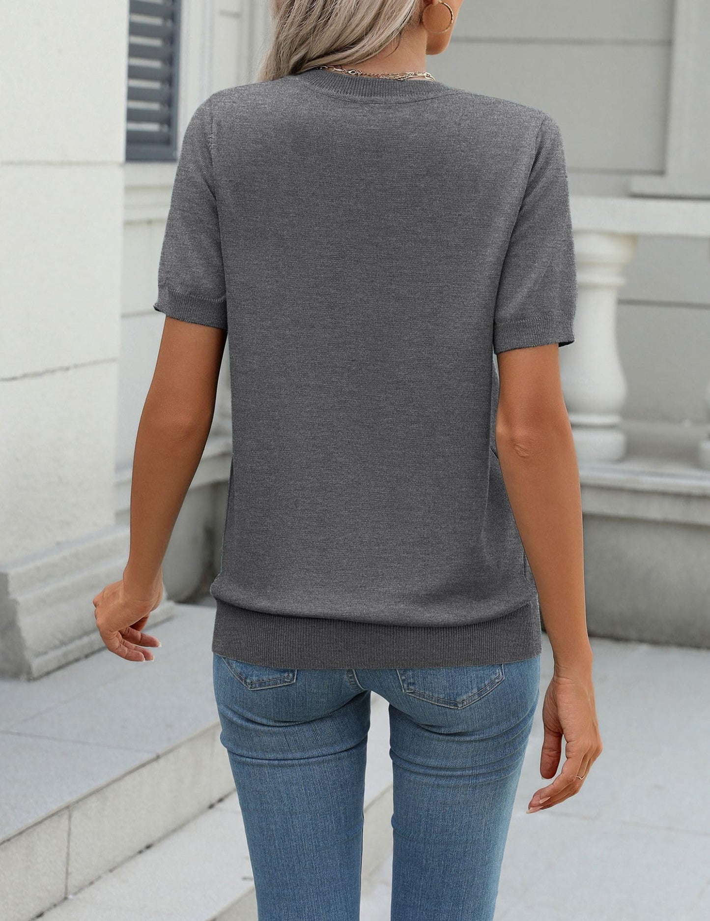 Zeagoo Womens Summer Short Sleeve Tops Crew Neck Lightweight Pullover Sweaters Loose Dressy Casual Blouse Dark Gray Clothes XL